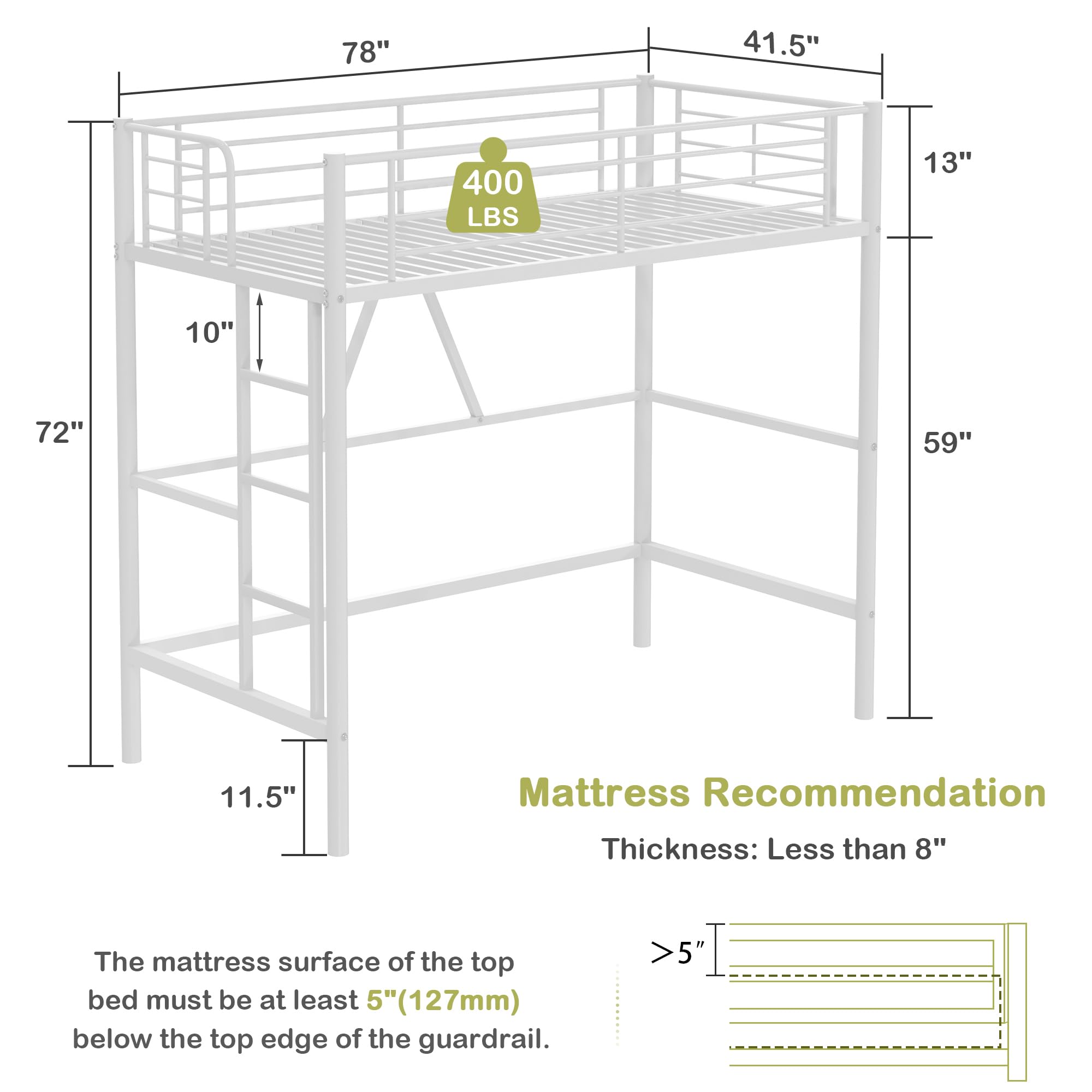 Twin Loft Bed with Ladder and Safety Guardrail