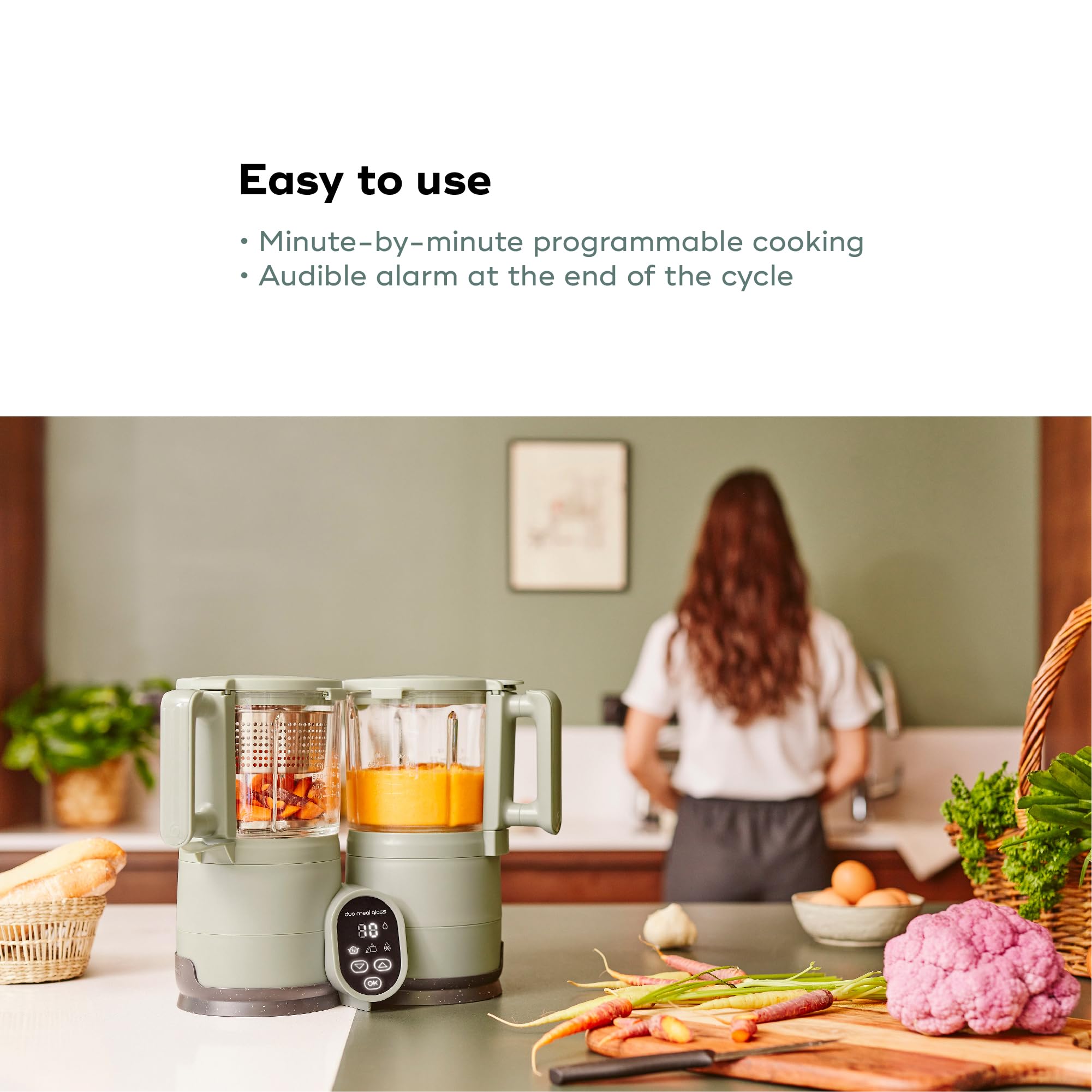 Babymoov Duo Meal Glass Baby Food Maker, Celadon Green – 4-in-1 Steamer, Blender, Defroster, and Heater with Programmable Timer, Large Capacity, Glass Bowls, Dishwasher Safe