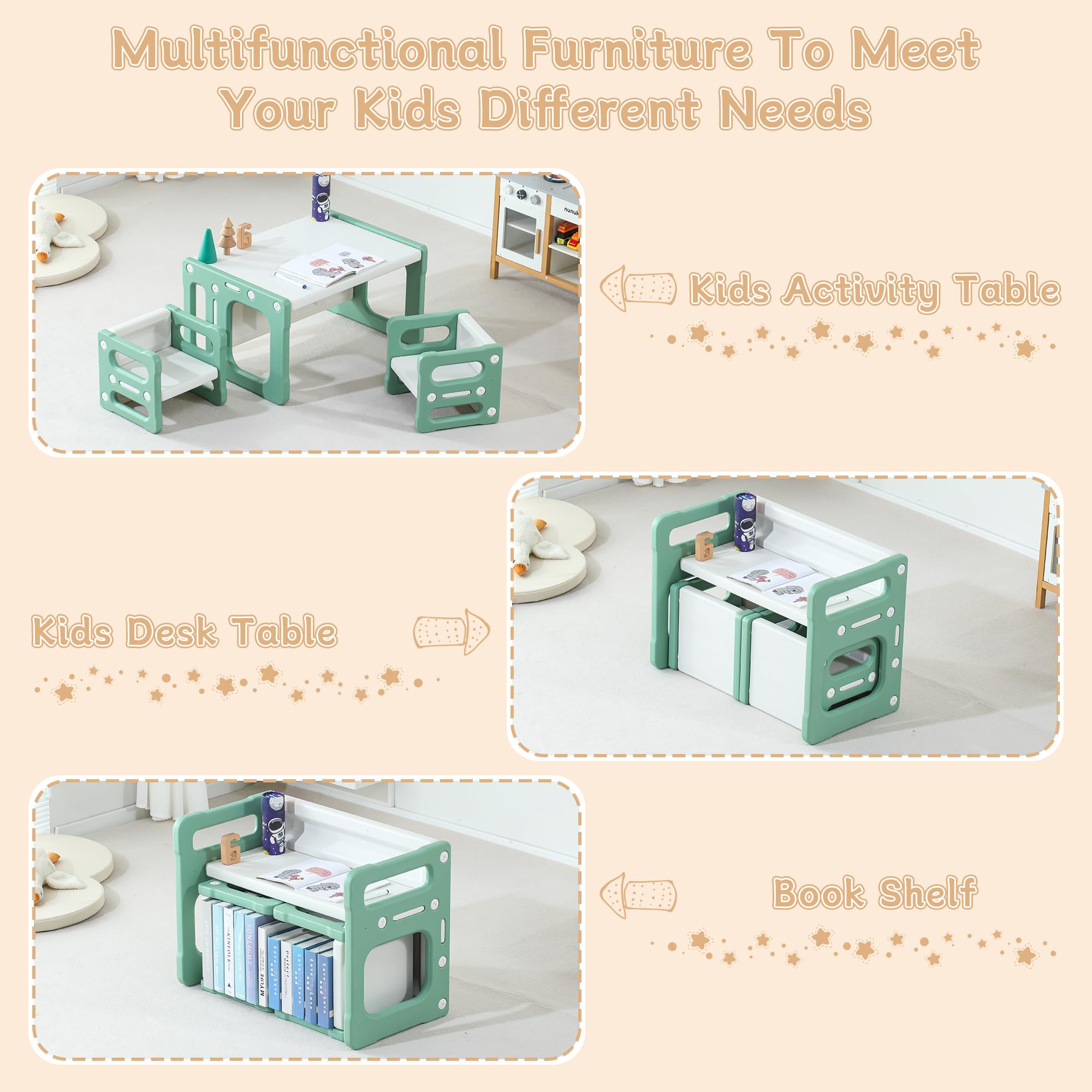 3-in-1 Montessori Activity Table and Chairs Set for Toddlers