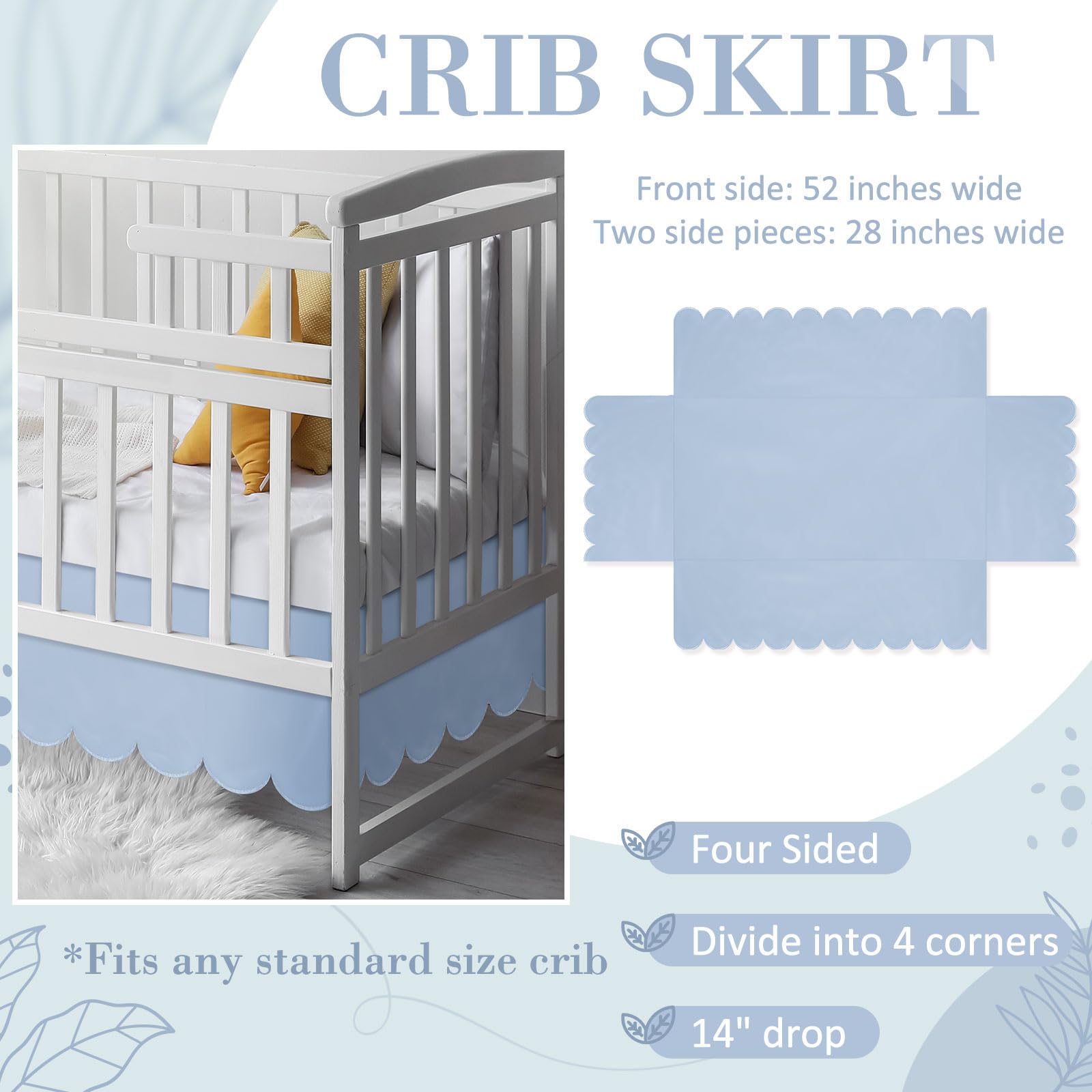 Hahafelt Scalloped Crib Skirt 28"x 52" with Drop Pleated Dust Ruffle with Split Corners for Baby Boys Girls Soft 4-Sided Crib Bed Skirt Nursery Standard Toddler Bedding(14" Drop,Blue)