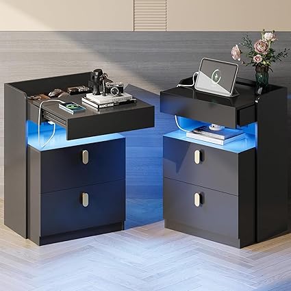 White LED Nightstands Set of 2, Modern Night Stand