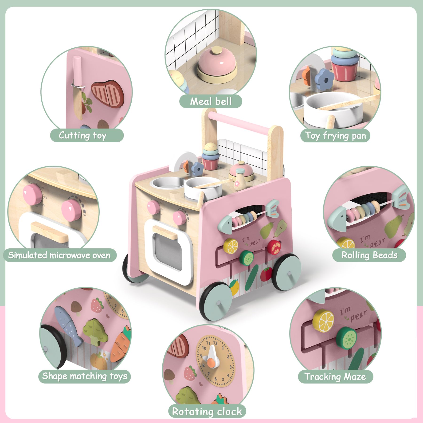 4-in-1 Wooden Baby Walker with Kitchen Play Set