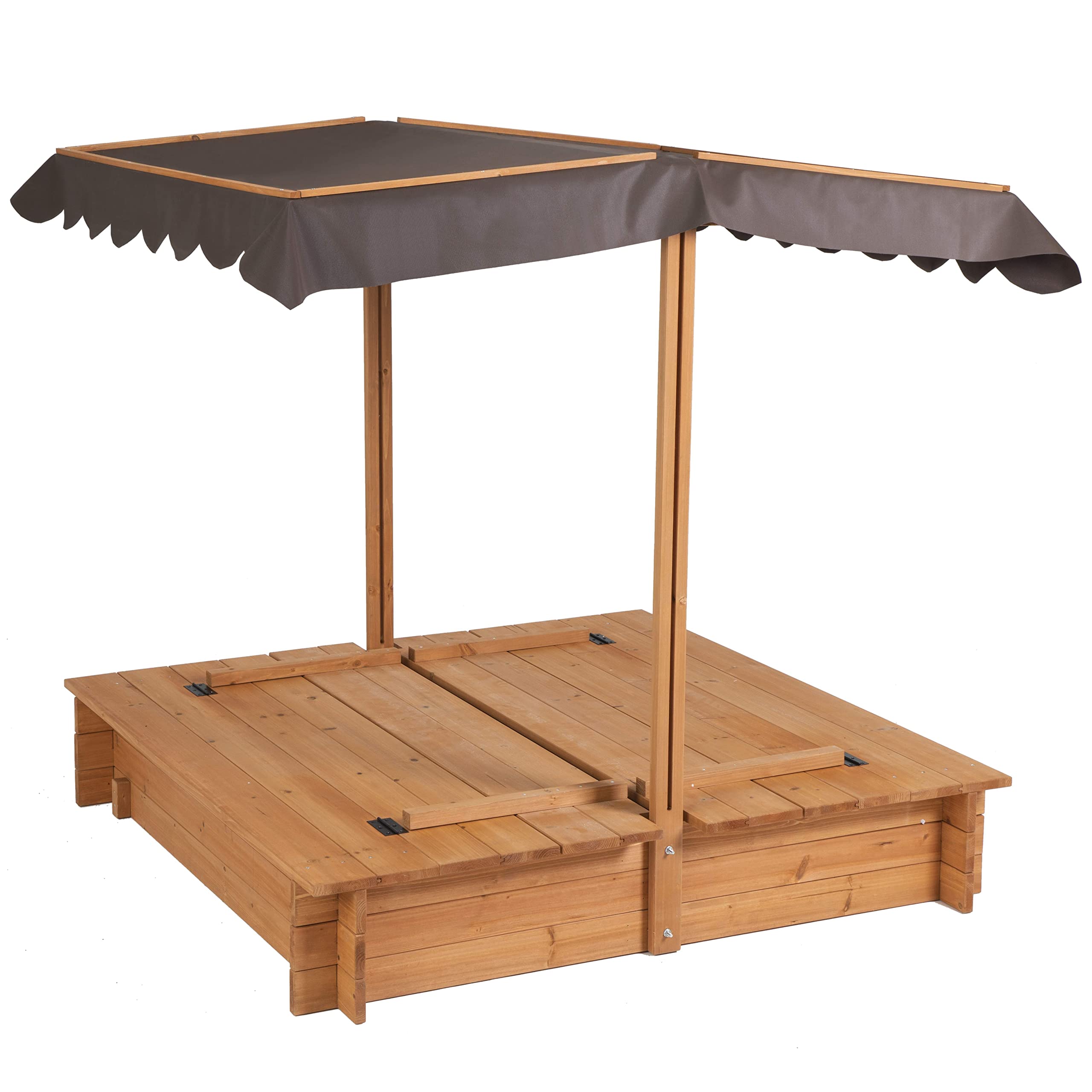 Wooden Sandbox with Canopy Cover and Bench Seats
