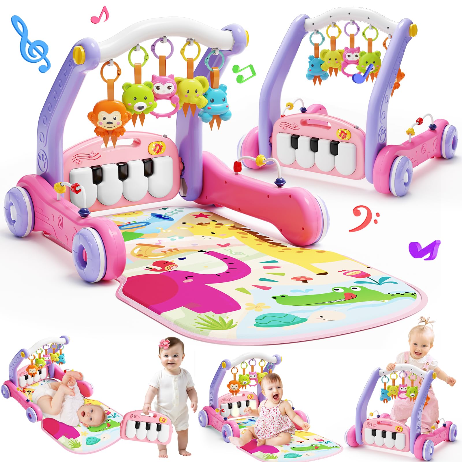 2 in 1 Baby Gym Play Mat with Walker, Kick and Play Piano Gym Activity for Boys Girls