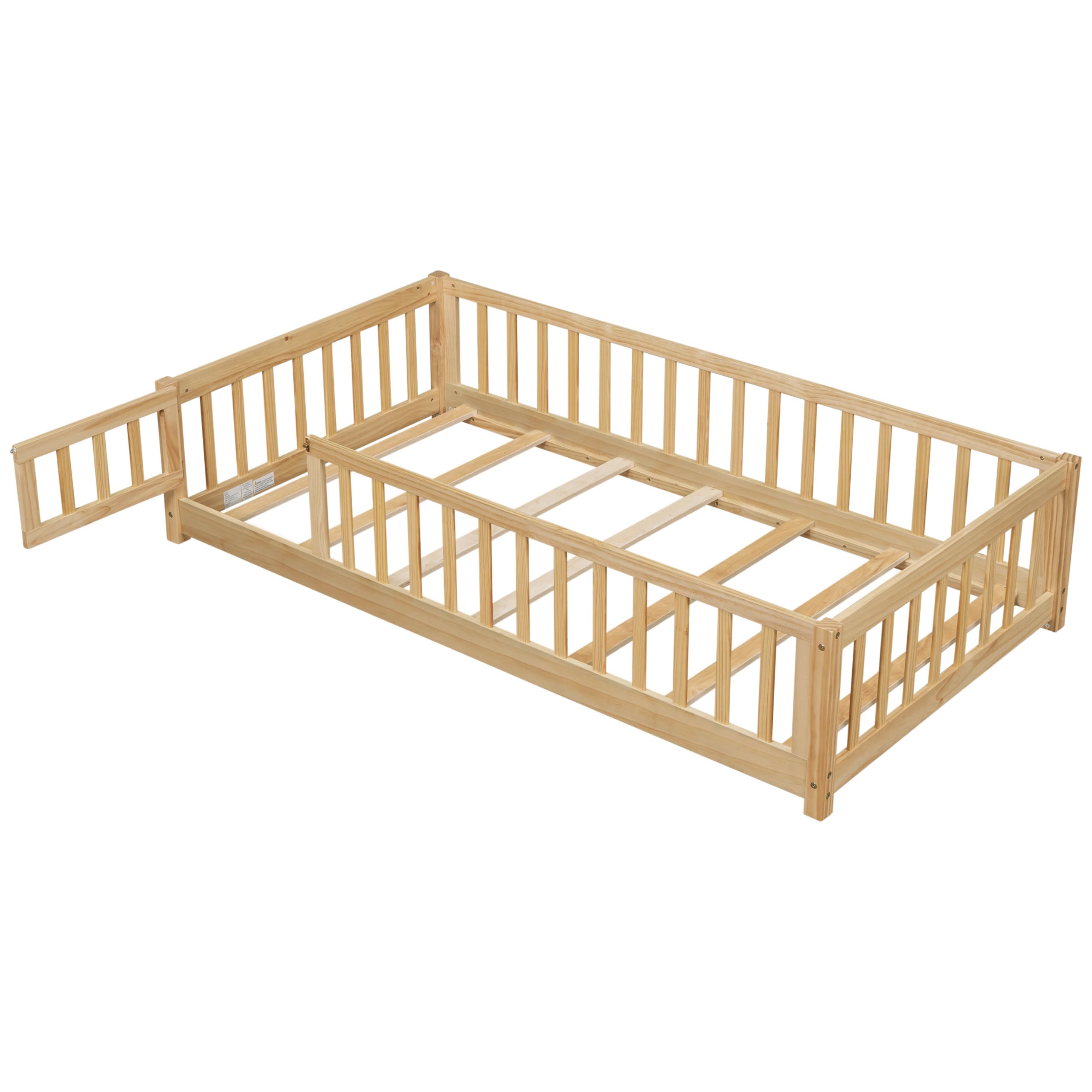 Twin Montessori Floor Bed with Safety Rails and Convertible Door