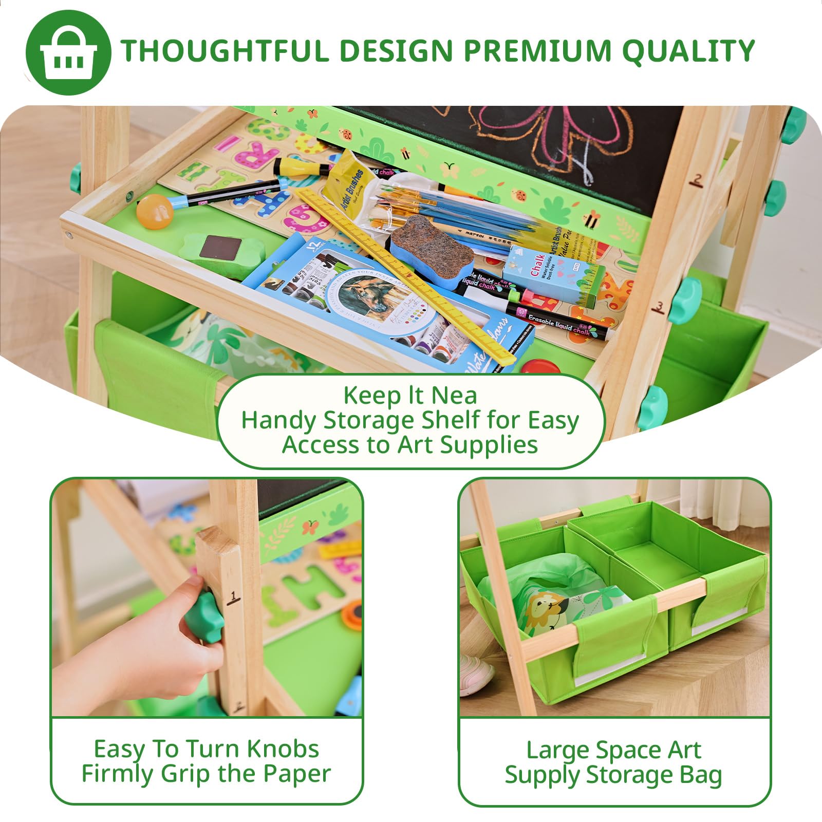 Art Easel for Kids Ages 2-4 4-8, Toddler Easel with 3 Paper Roll, Magnetic Whiteboard and Chalkboard, Adjustable Wooden Art Kids Easel for Toddlers 2,3,4,5,6,7,8,9,10 Years Old Boys & Girls, Green
