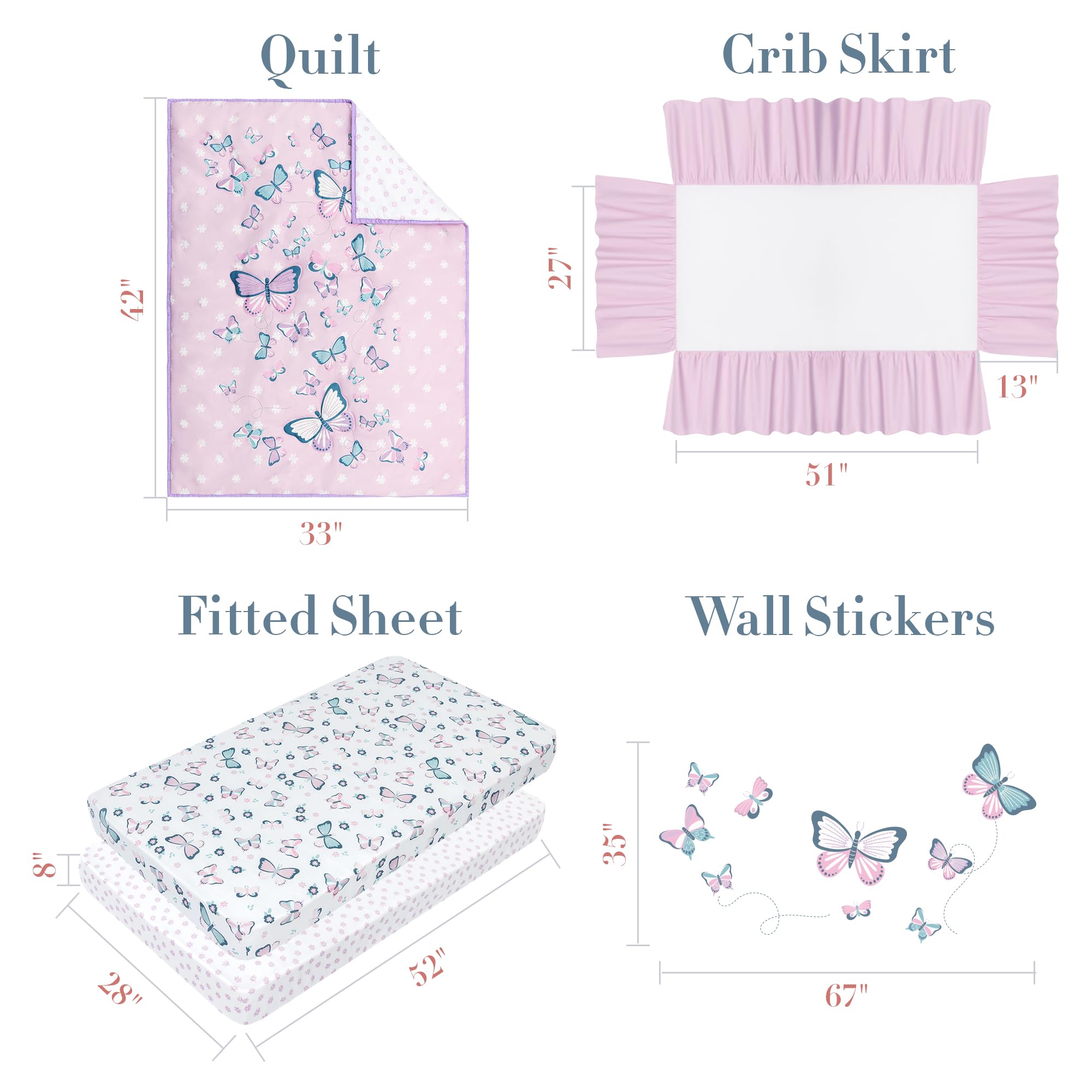 Butterfly Crib Bedding Set for Girls - 5 Pieces Including Baby Girl Blanket, 2 Crib Sheets, Crib Skirt, and Purple Butterfly Wall Sticker - White & Pink - Butterfly Nursery Decor