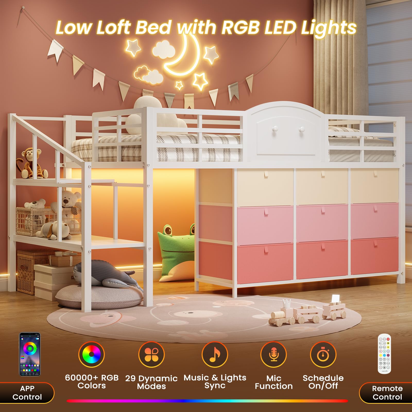 Low Loft Bed Twin with Storage Drawers and LED Lights