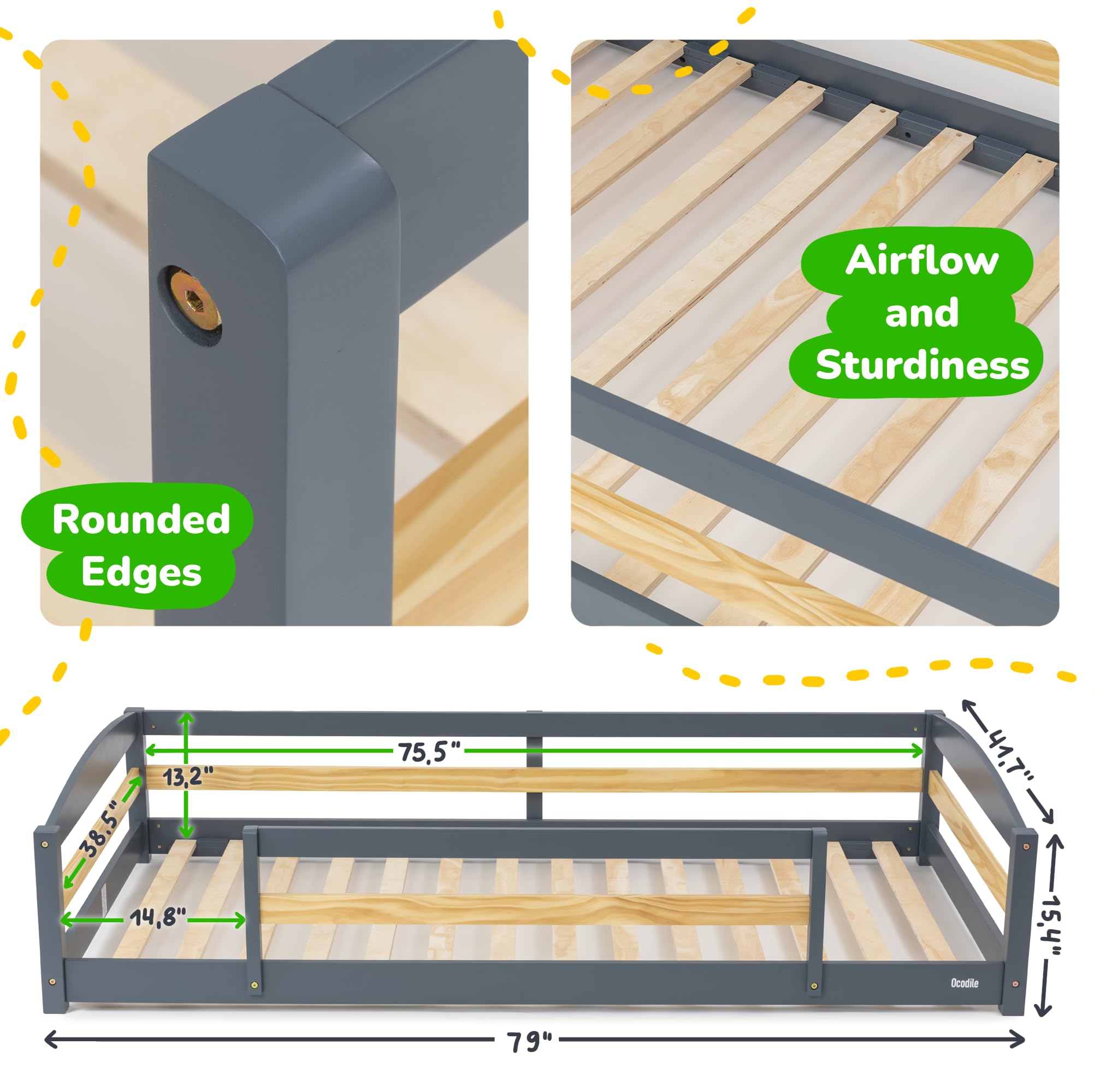 Twin Floor Bed with Safety Guardrails for Kids