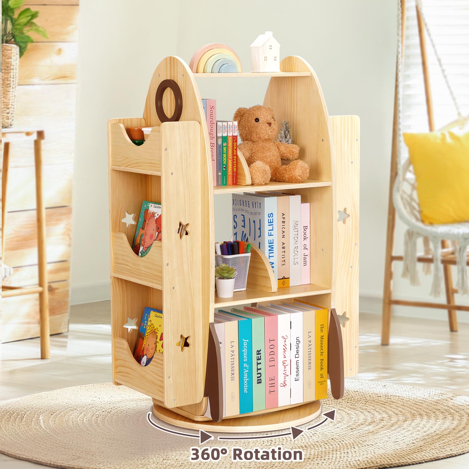 Rocket Rotating Bookshelf for Kids, 360 Display Spinning Bookshelf