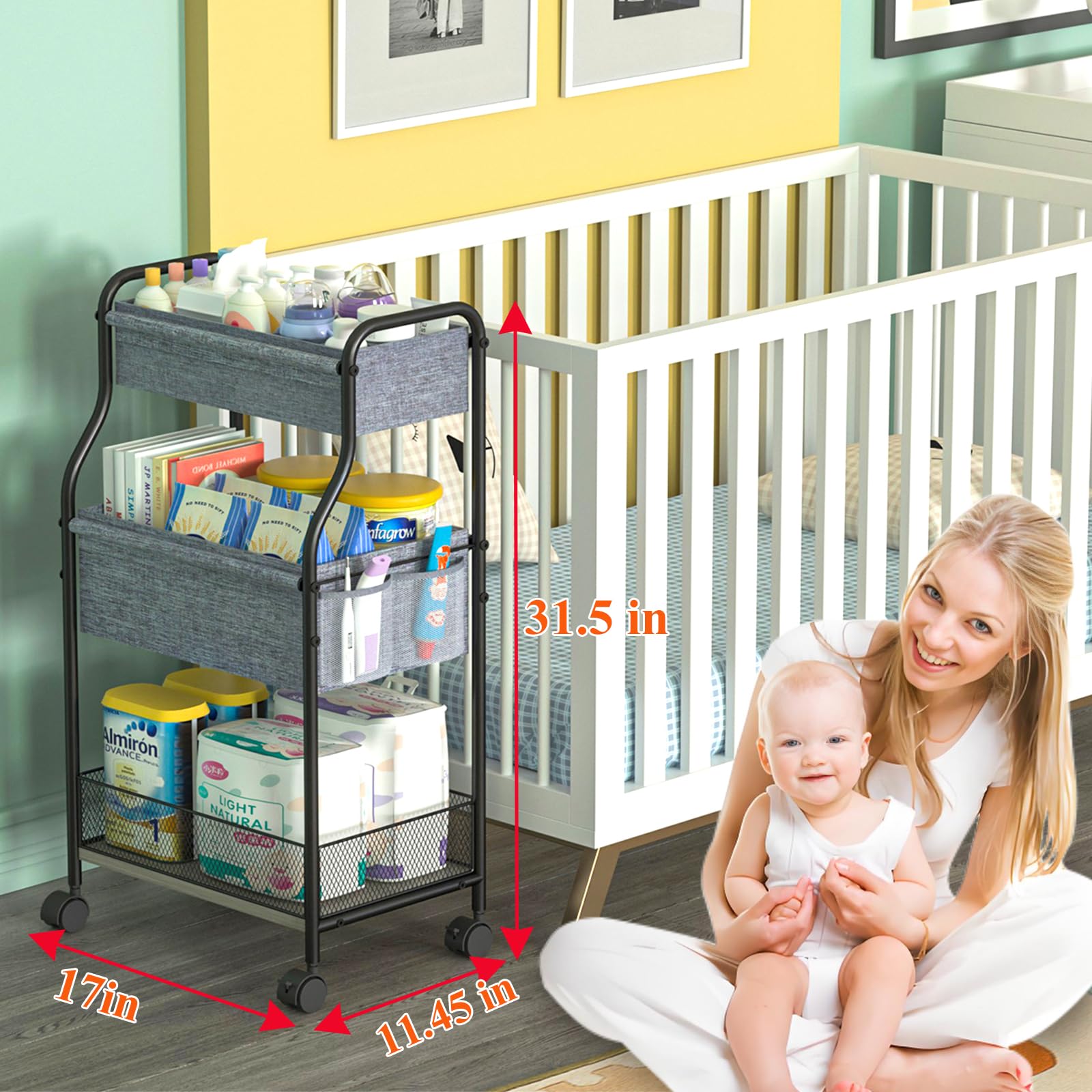 3-Tier Baby Diaper Caddy Organizer and Storage Cart