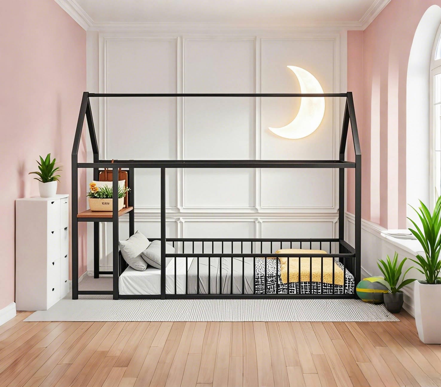 Full Size Metal House Bed with Desk and Guardrails