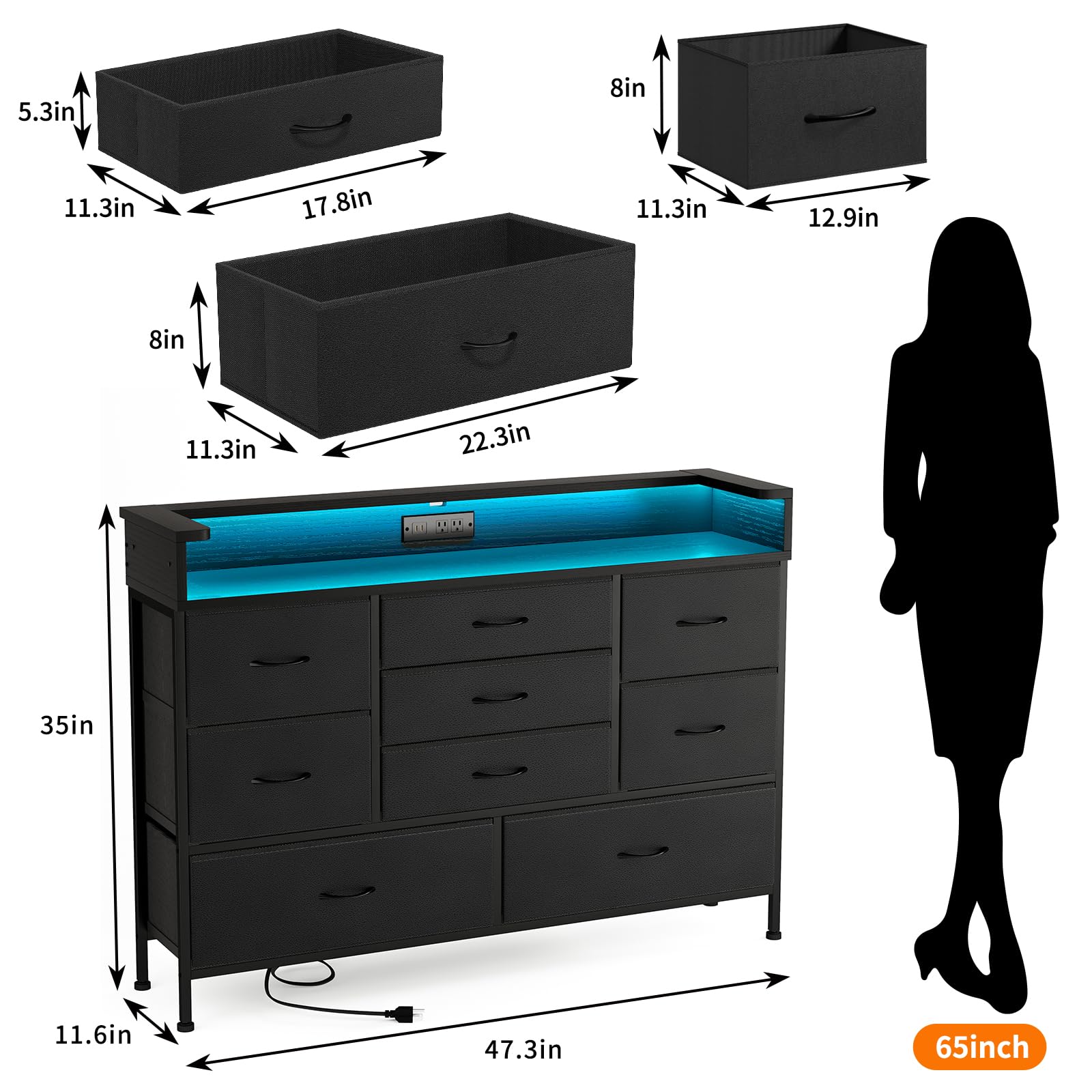 Black Dresser with Charging Station and LED Lights