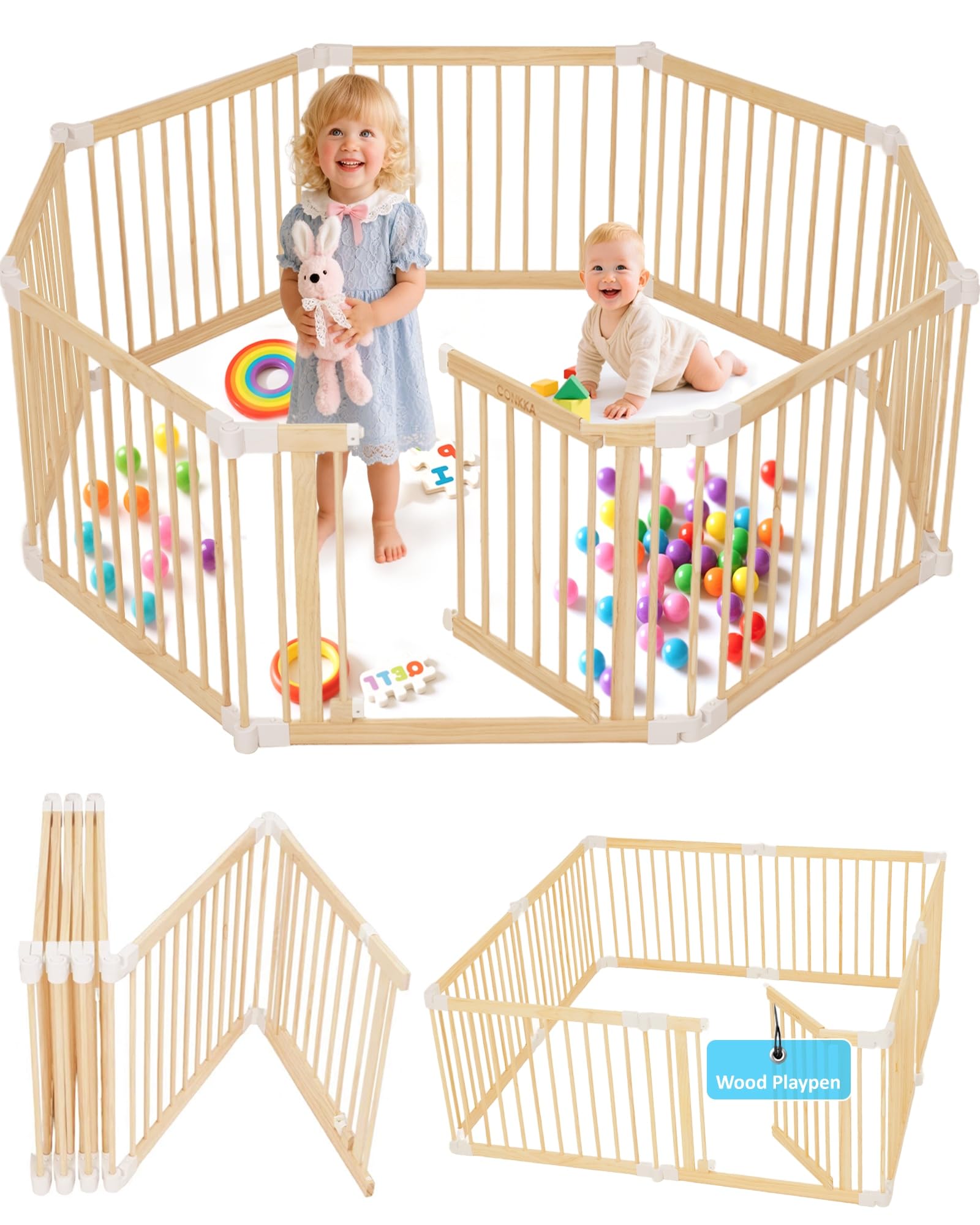 Foldable Wooden Baby Playpen 63x63x25 Inch