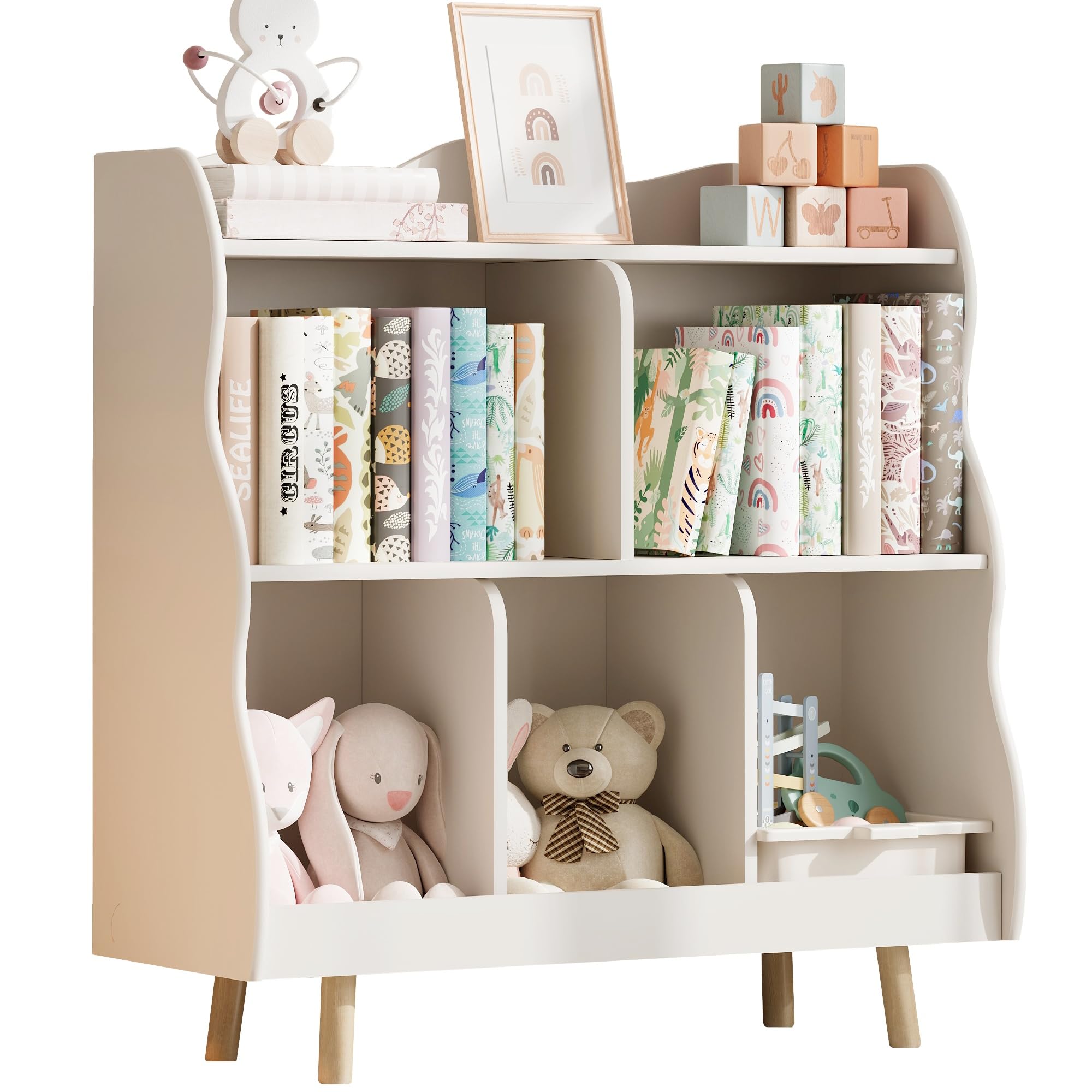 Kids Bookshelf and Toy Storage Organizer with Curved Design