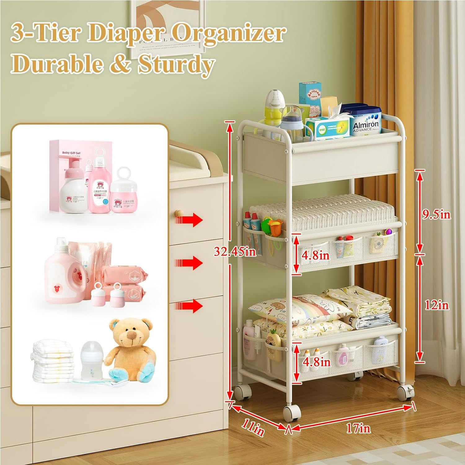 3-Tier Baby Diaper Caddy Cart Organizer with Wheels