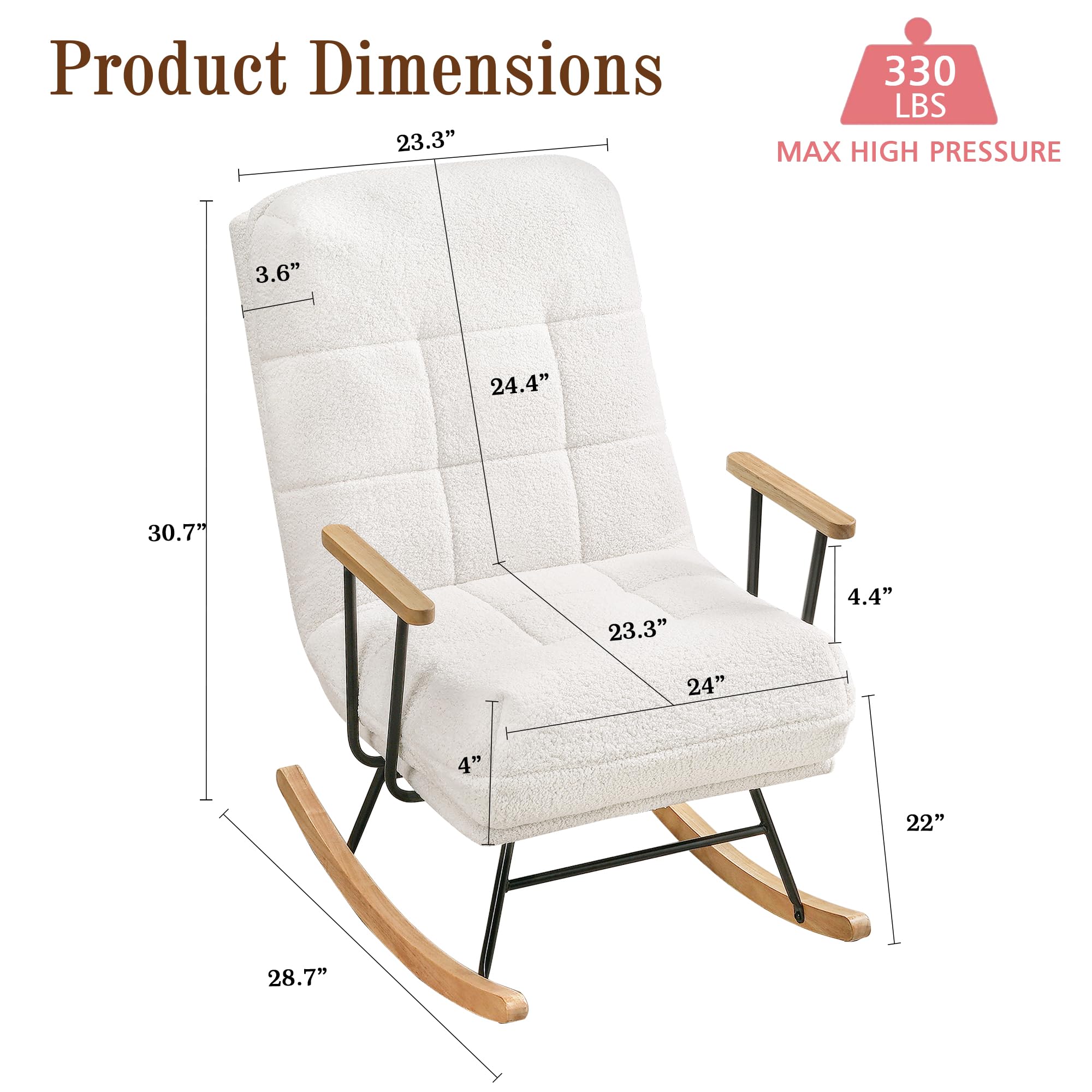 Oversized Teddy Fabric Nursery Rocking Chair with Adjustable High Backrest