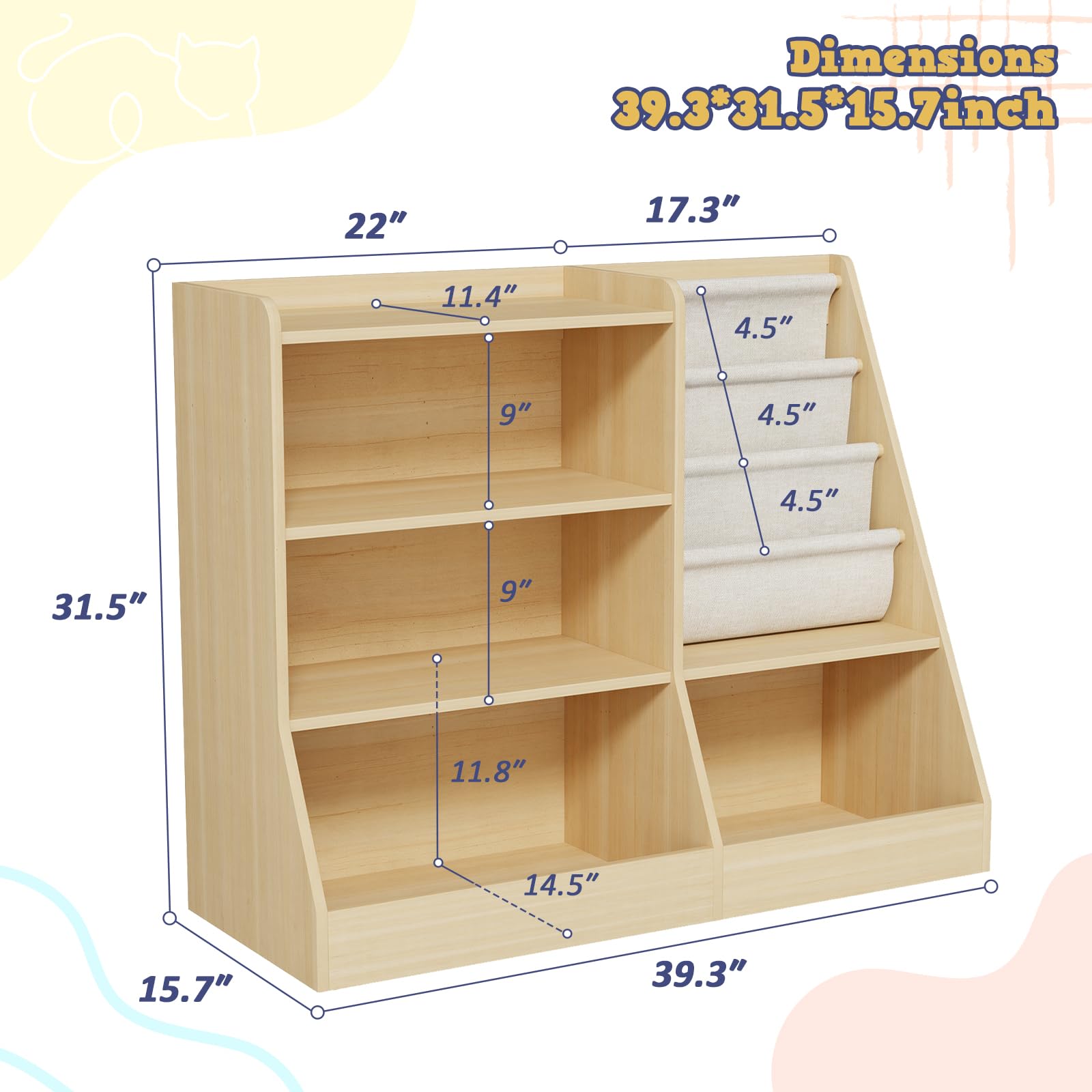 Kids Wooden Bookshelf and Toy Storage Organizer with Sling Book Rack