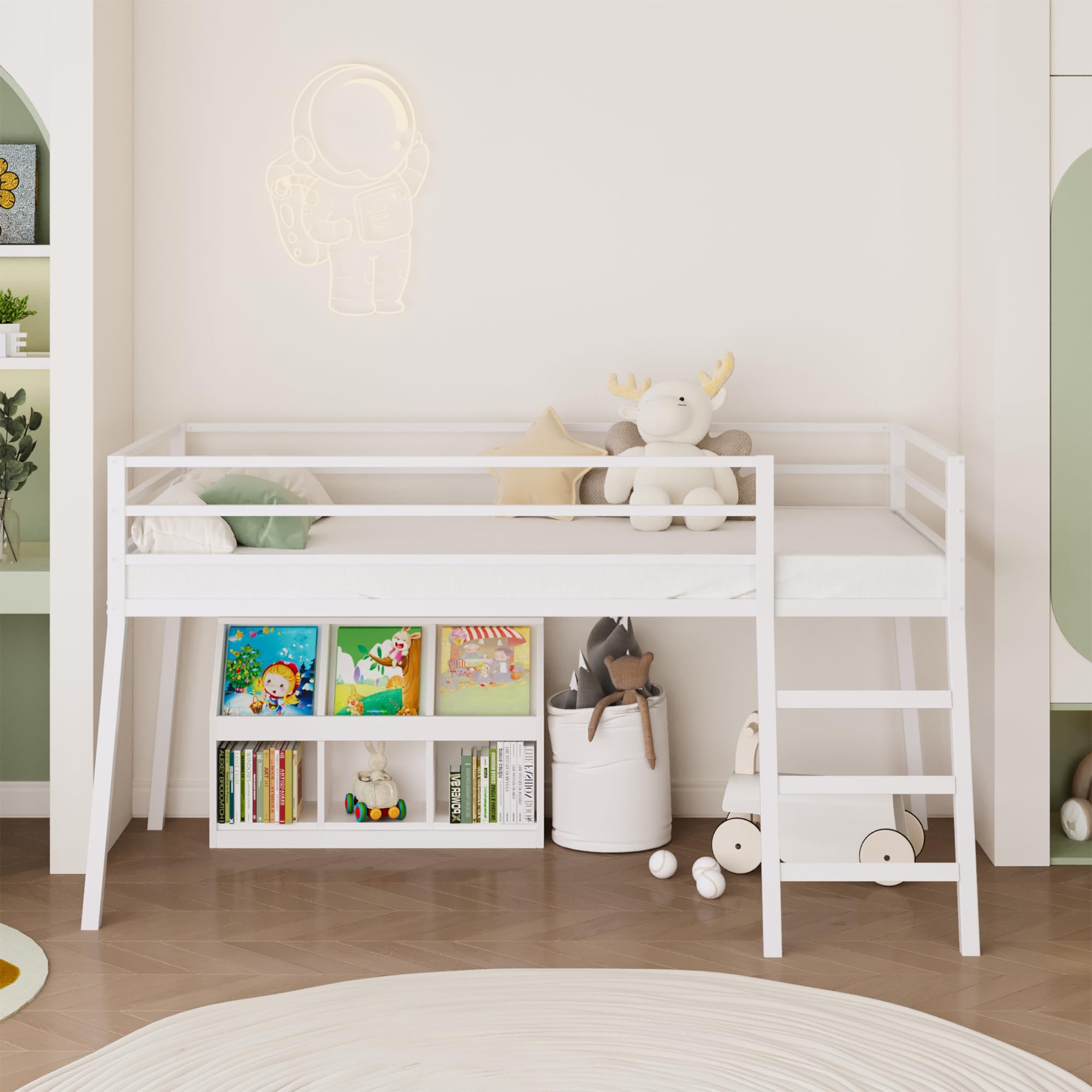 Twin Metal Loft Bed with Stairs and Safety Guardrails