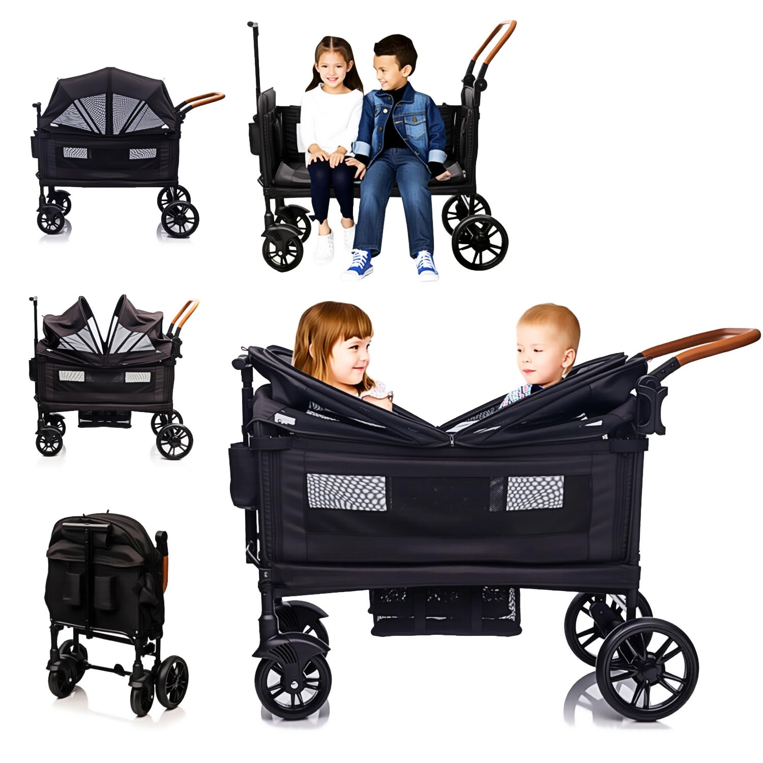 Wagon Stroller for 2 Kids & Cargo-Travel Stroller Push-Pull Double Wagon Lightweight