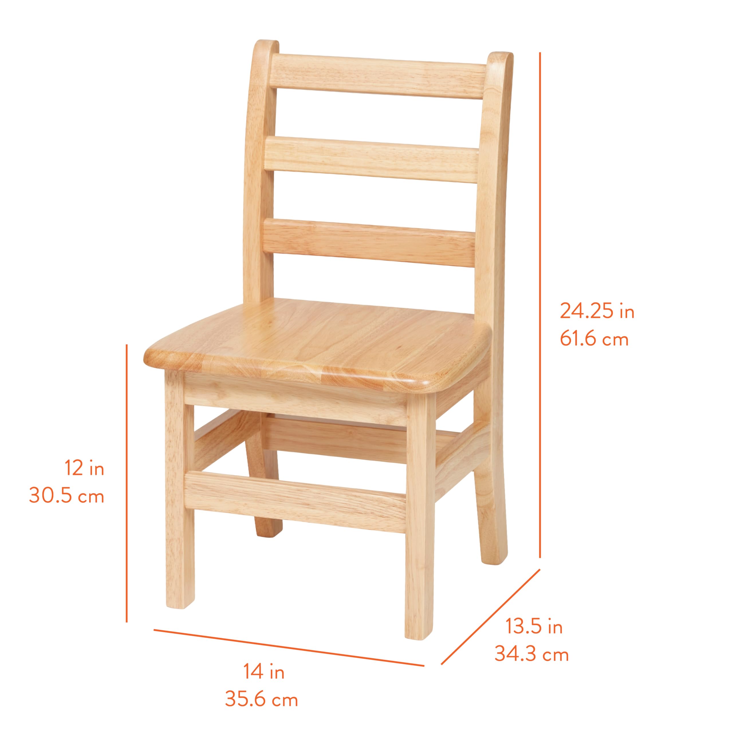Wooden Ladderback Chairs for Kids, 12 Inch Seat Height, Natural Finish, 2-Pack