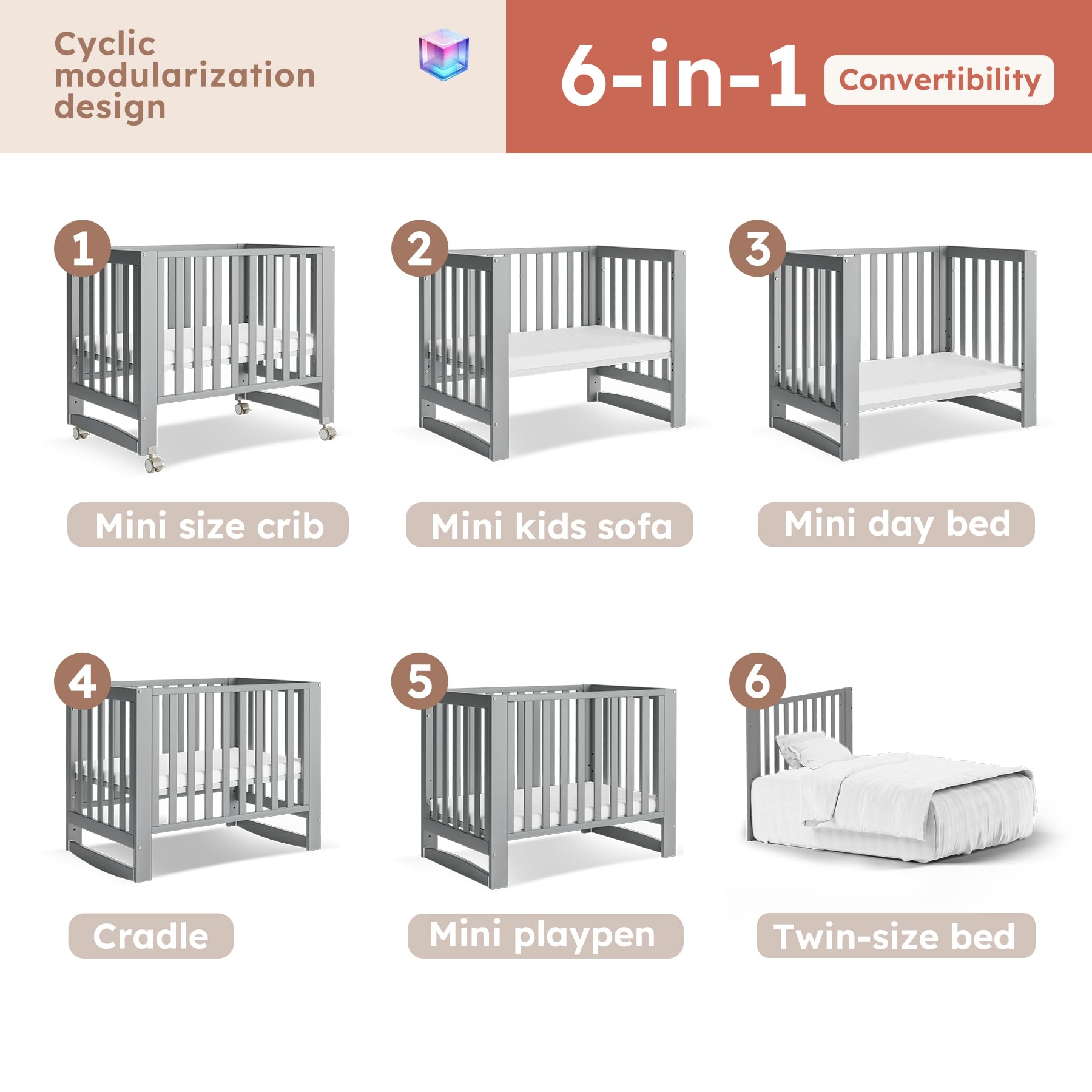 6-in-1 Convertible Mini Crib with Wheels
