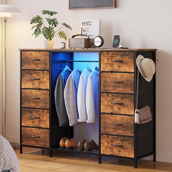 2-in-1 Dresser with Hanging Rack, 10 Drawers Dresser for Bedroom