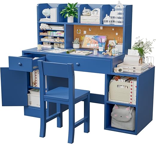 Blue Wooden Kids Desk and Chair Set,Kids Study Desk with 2 Drawers