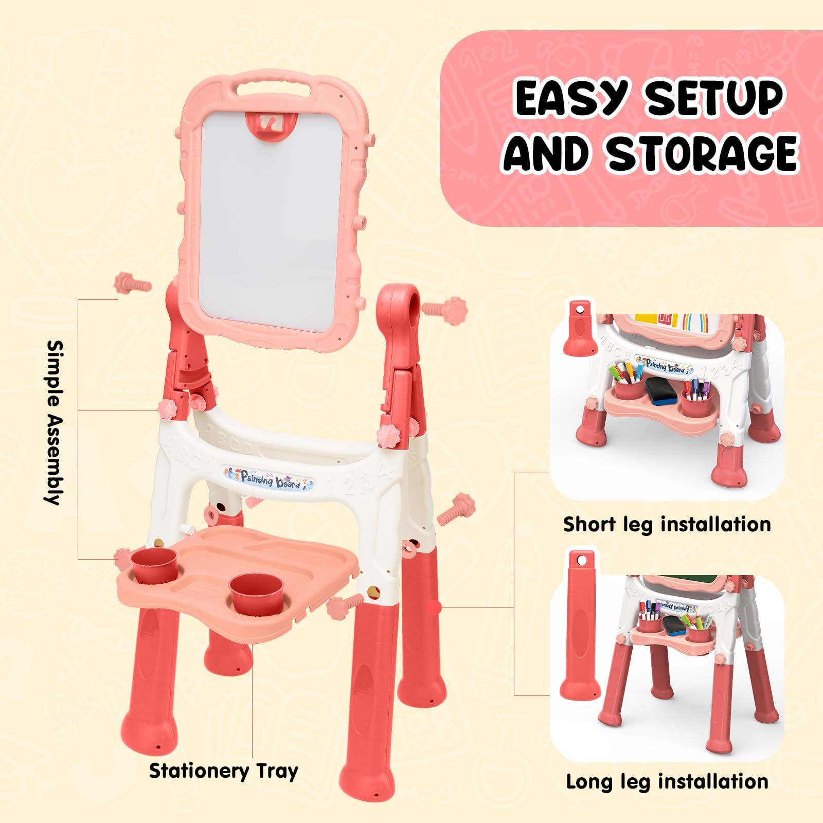 AuntyFey Easel for Kids, Toddler Easel, Double-Sided Chalk Board Kid, White Board, Kid Art Easel, Art Easel Age 4-8, Christmas Gift, Pink&Purple, Red&Pink