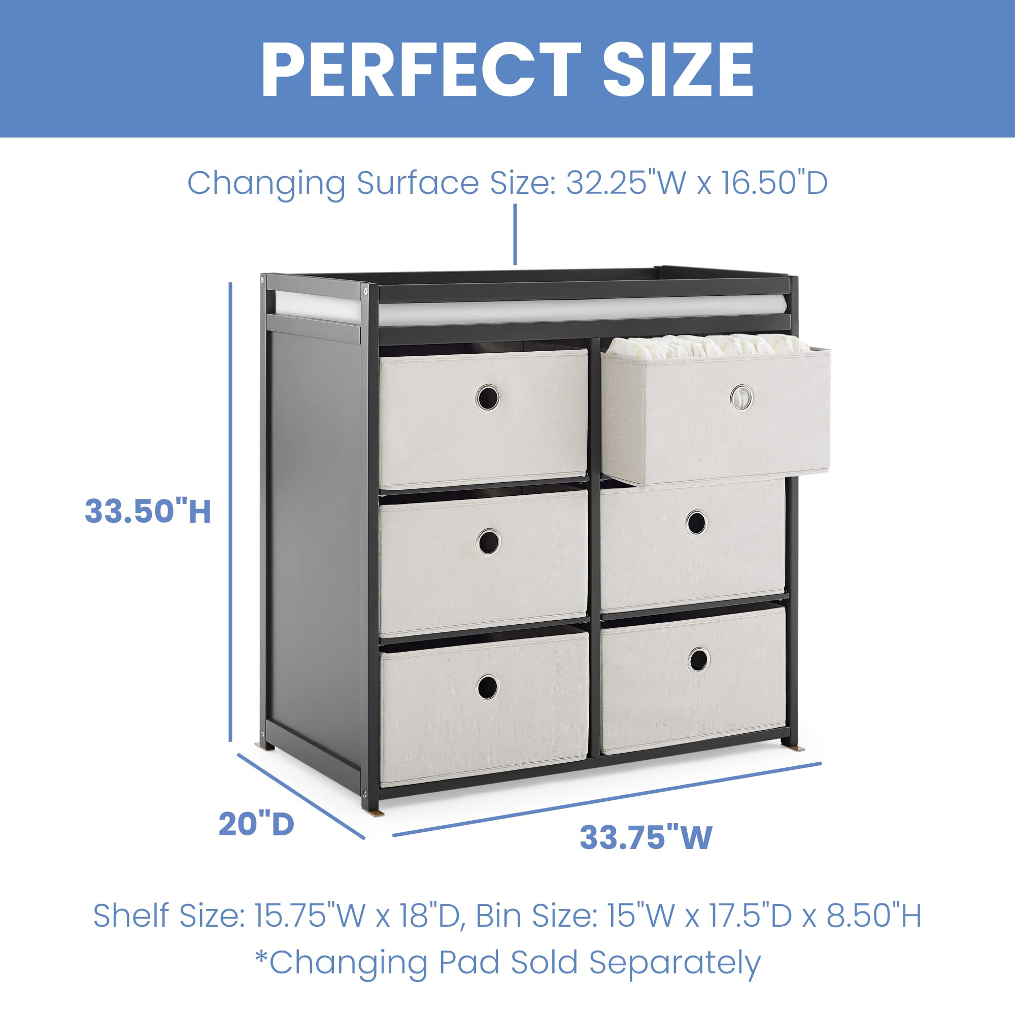 Changing Table with Fabric Storage Bins and Shelves
