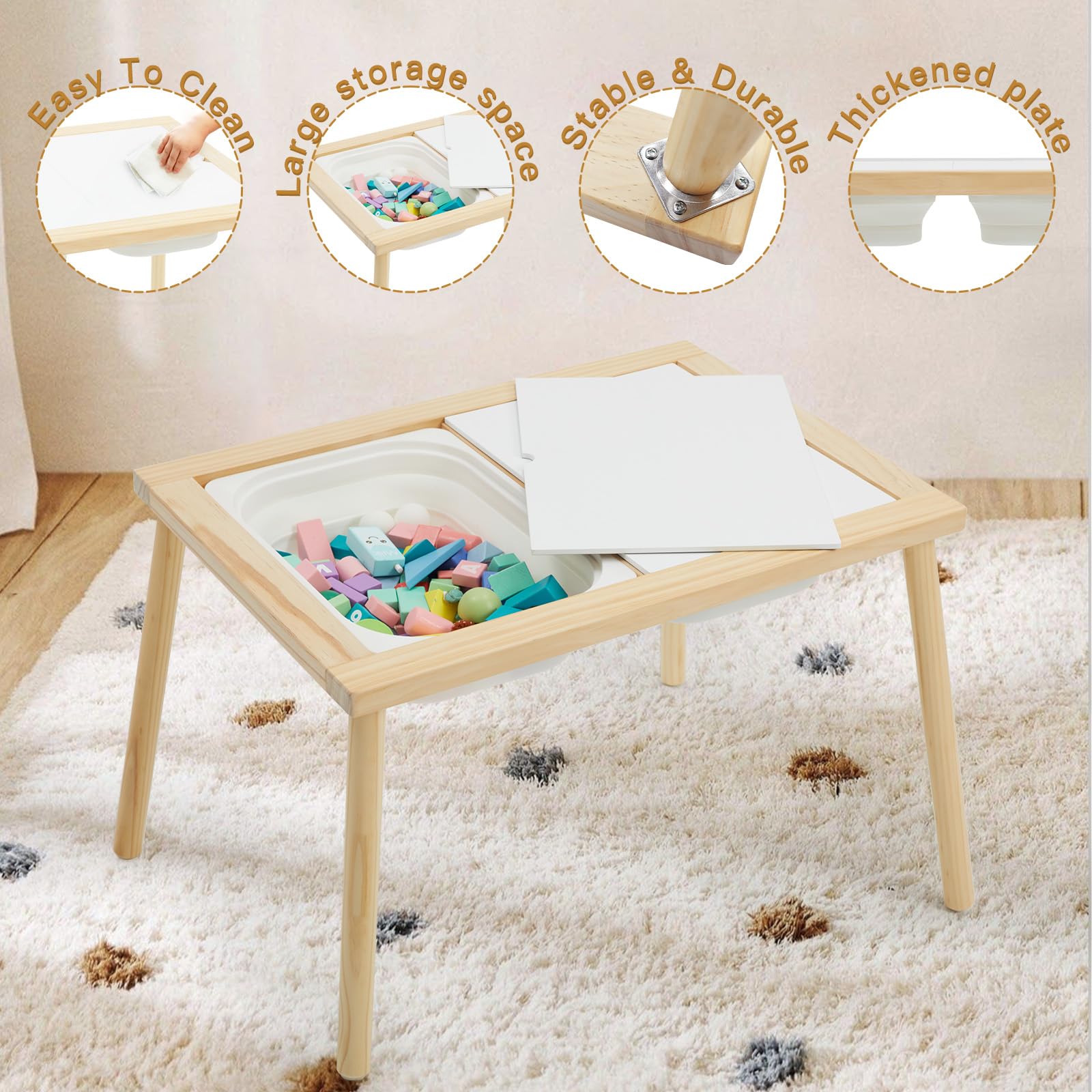 Sensory Table for Toddlers 1-3, Kids Table with 3 Storage Bins Writable Lids