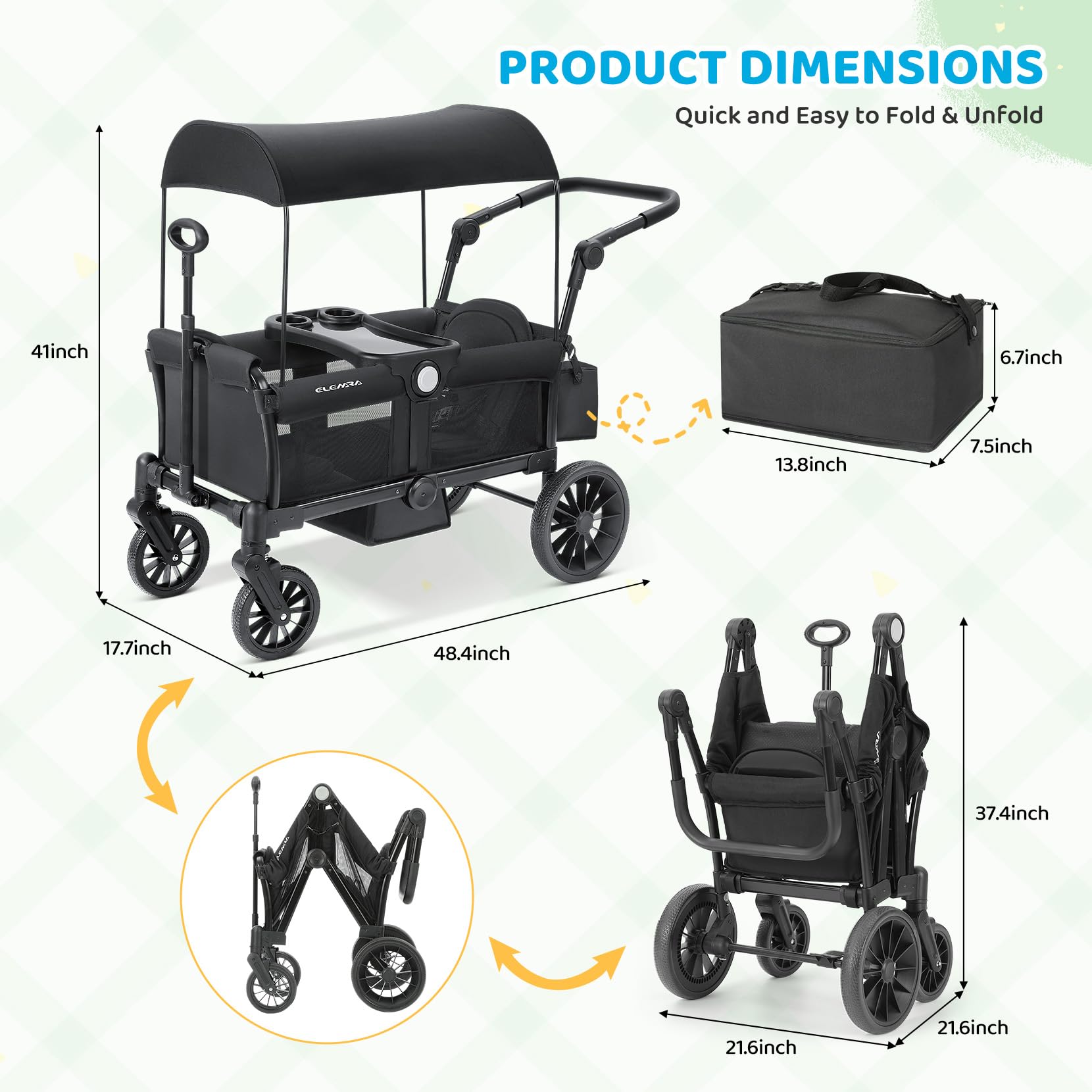 ELEMARA Wagon Stroller for 2 Kids, Premium All-Terrain Stroller with Canopy, Adjustable Push/Pull Handle Bar, Comfortable drop-down footwell and Upholstered Seats, Black