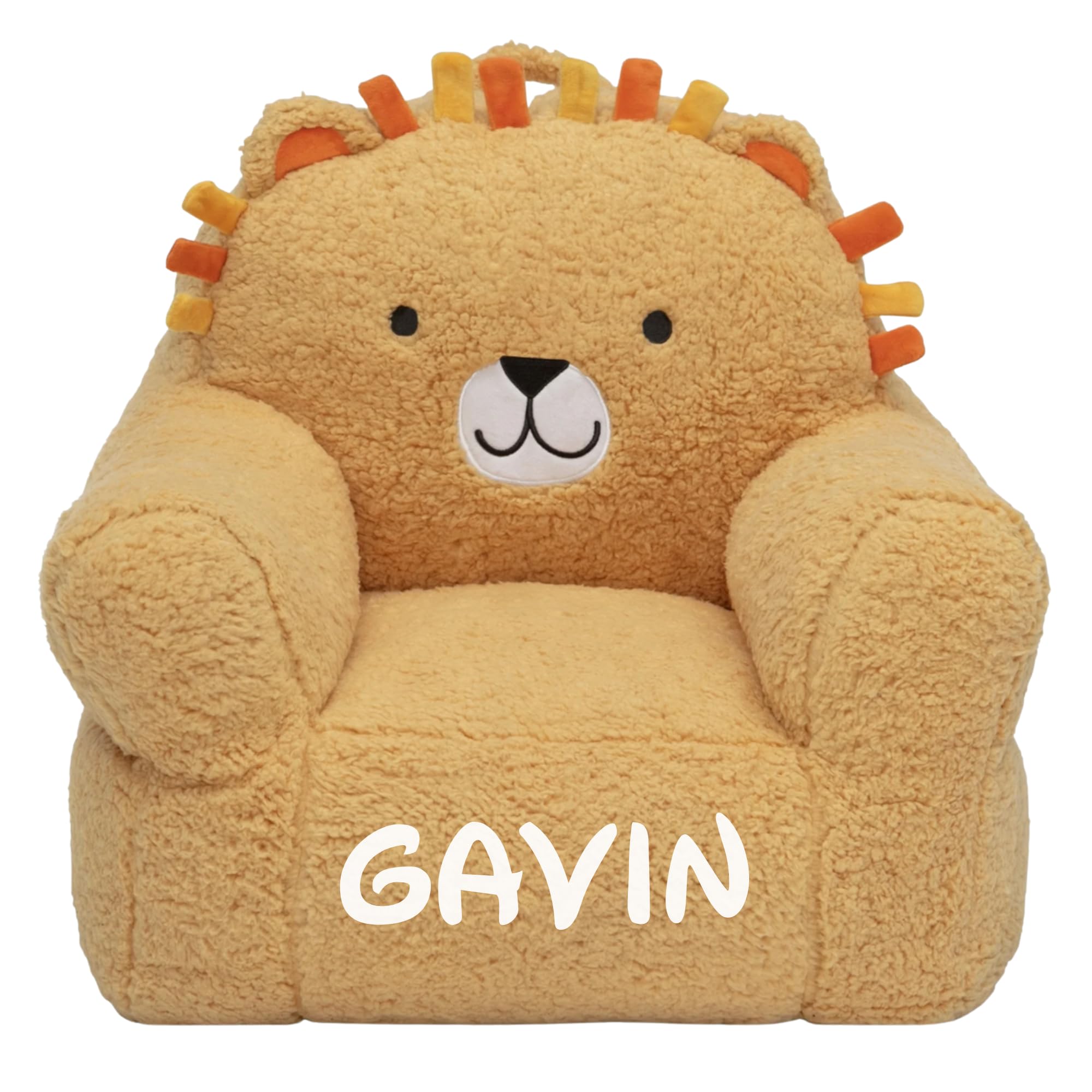 Personalized Lion Kids Chair, Plush Fabric, Custom Name Design, Soft Toddler Seating