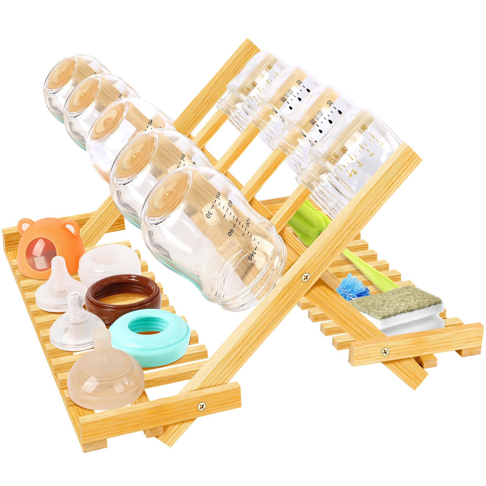 Baby Bottle Drying Rack, Foldable Bamboo Bottle Rack Dryer Space Saving