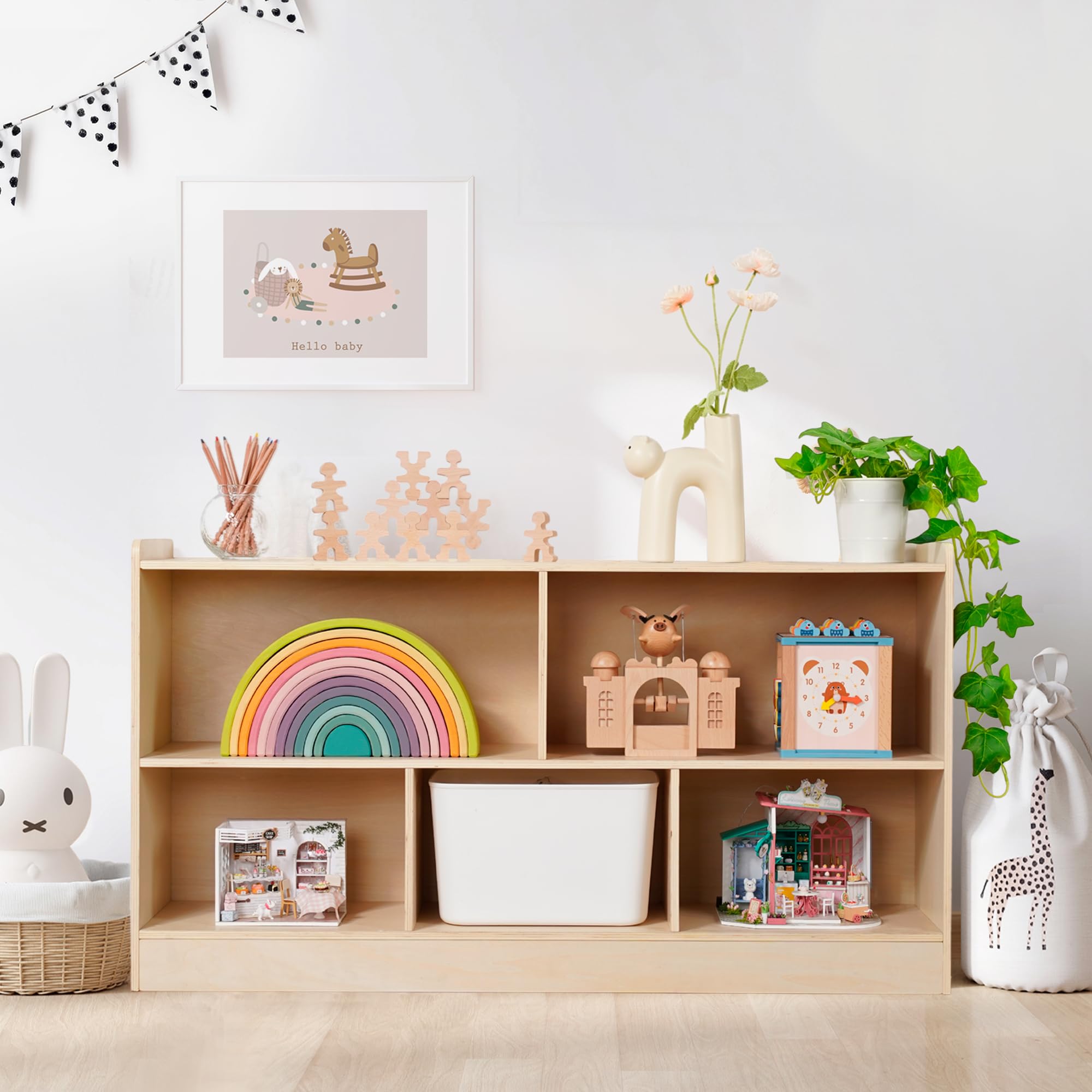 Wooden Montessori Toy Storage Shelf with 5 Open Sections for Kids