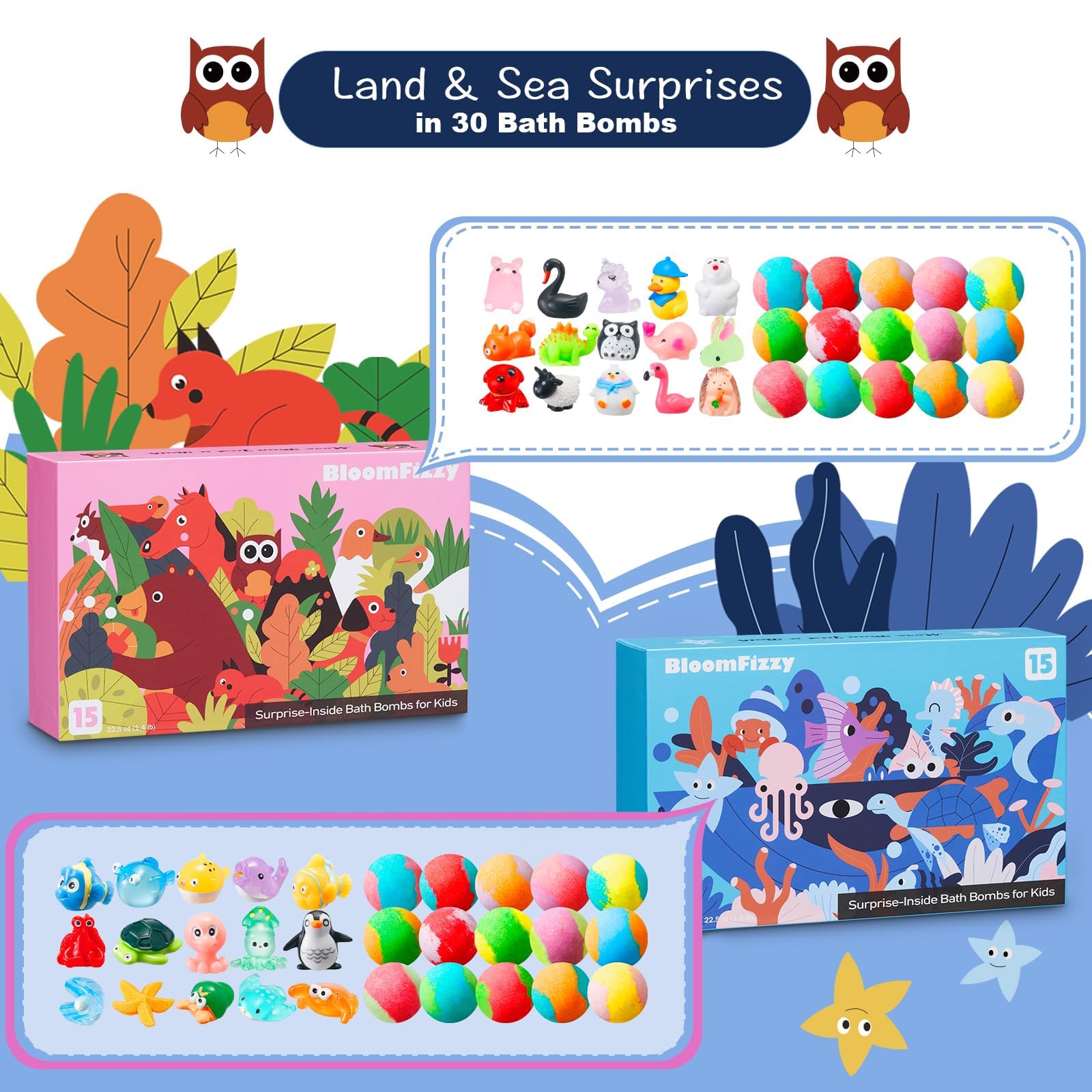 Kids Bath Bombs with Surprise Toys Inside - 30 Pack Gift Set with Animal Figures
