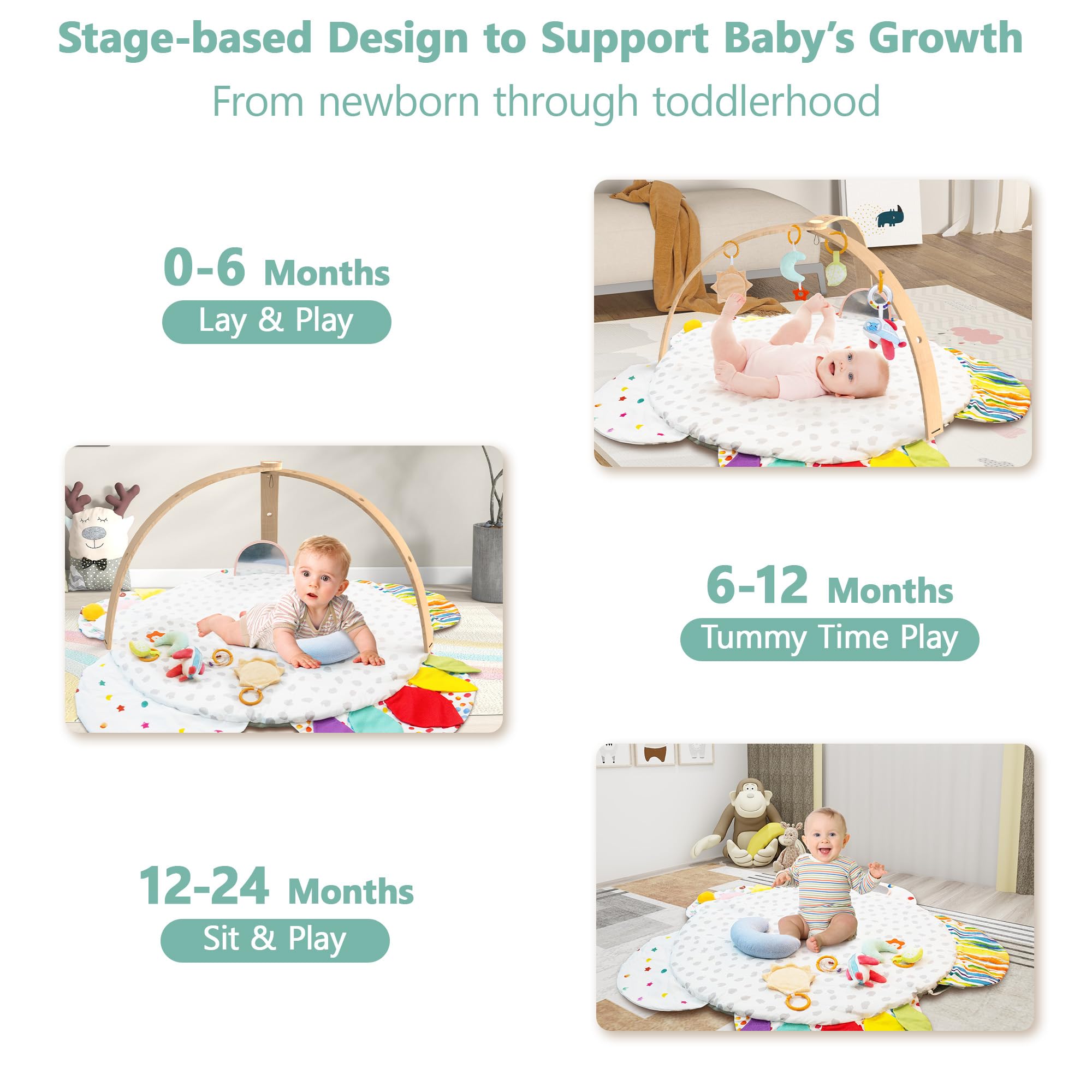 Wooden Baby Play Gym Activity Mat with Sensory Toys