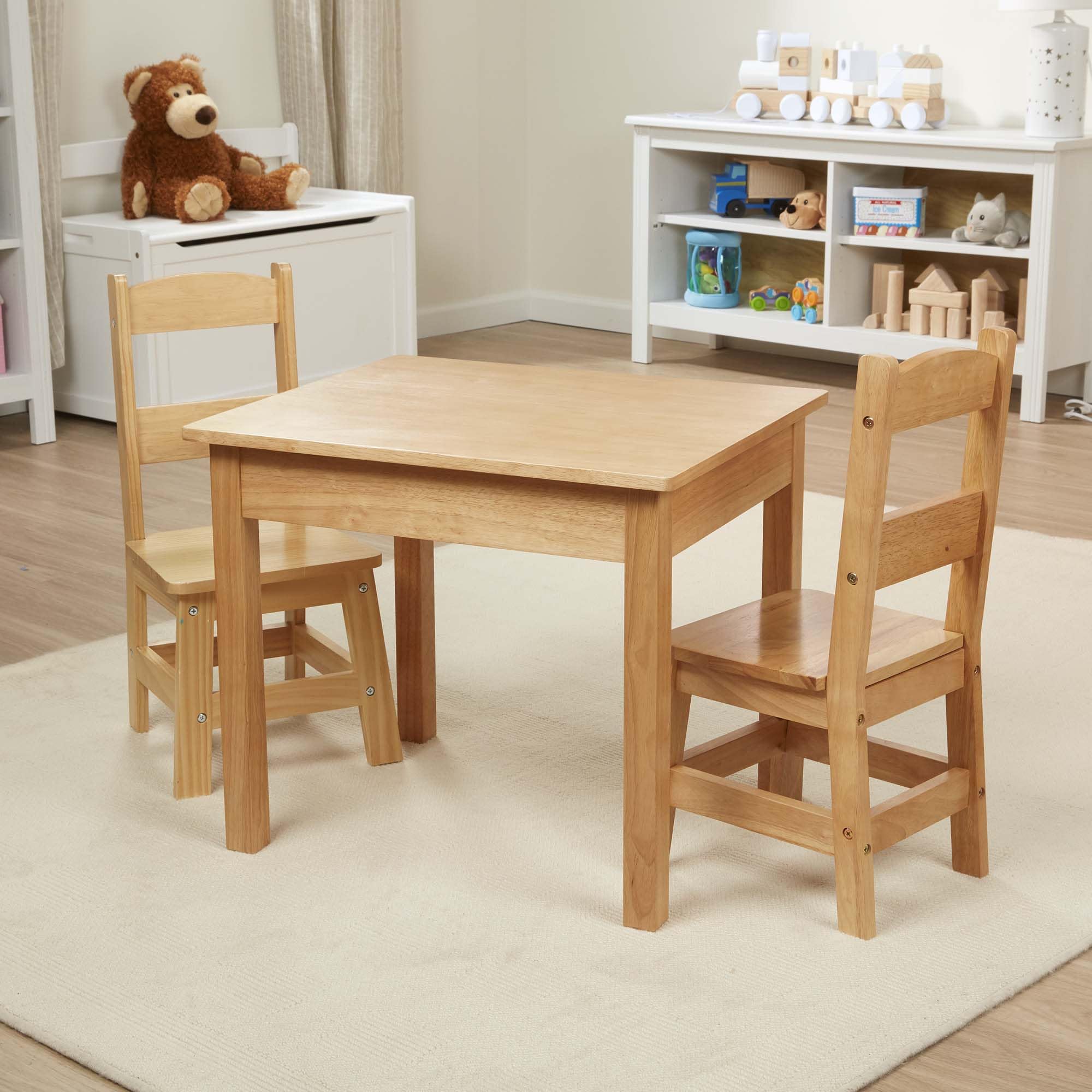 Solid Wood Table and 2 Chairs Set - Light Finish Furniture for Playroom