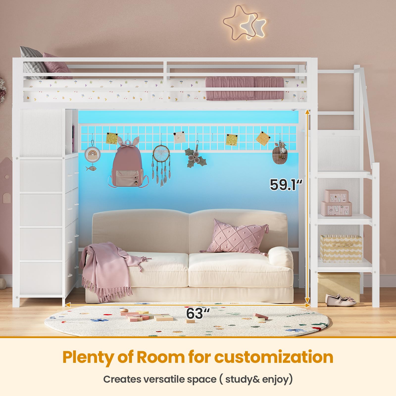 Twin Metal Loft Bed with Storage Stairs and LED Lights