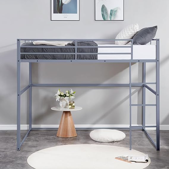 Twin Metal Loft Bed with Safety Guard Rails, Flat Ladder, Metal Slat
