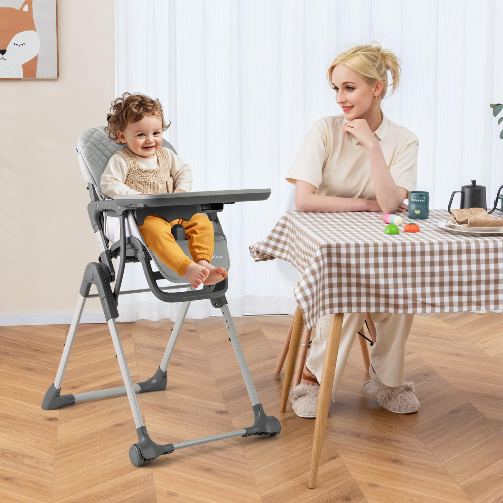 Convertible Folding Baby High Chair with Adjustable Height and Removable Tray