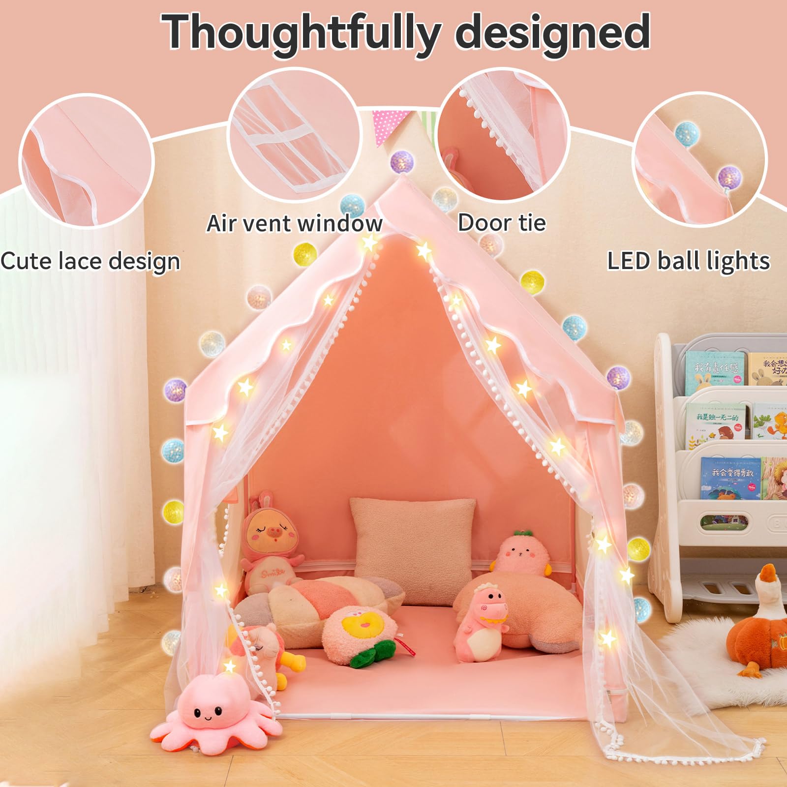 Princess Play Tent for Kids with Ball Lights- Pink Fantasy Castle Playhouse Indoor & Outdoor, Easy Setup & Foldable, Durable Toddler Toy Gift for Girls Ages 3-8 47x 51x 39 inches