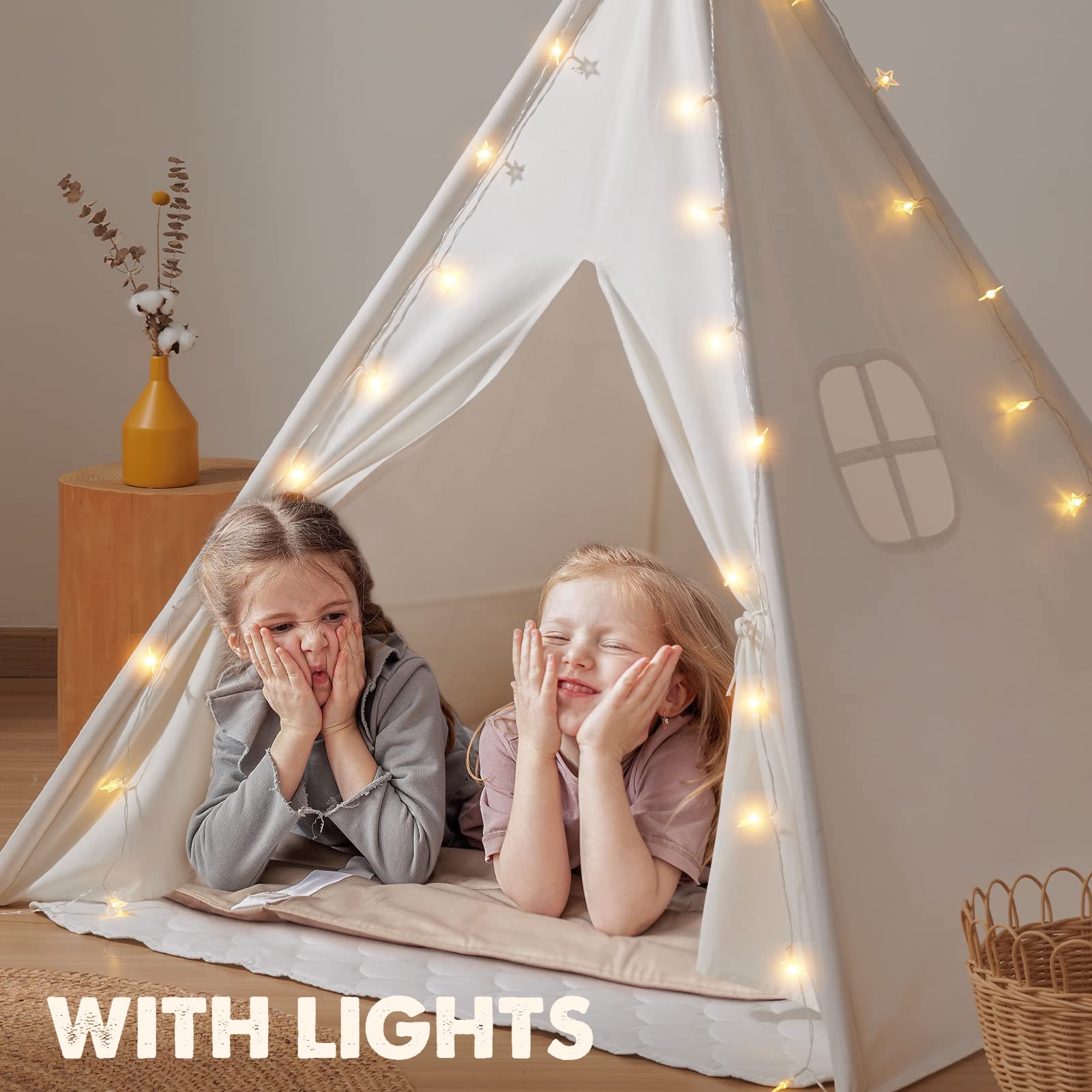 Cotton Teepee Tent for Kids with Mat and Lights