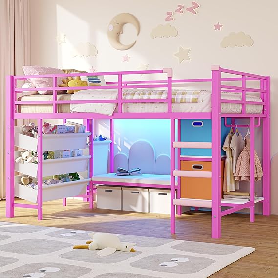 Low Loft Bed Twin Size with Reading Corner Metal Twin Loft Bed