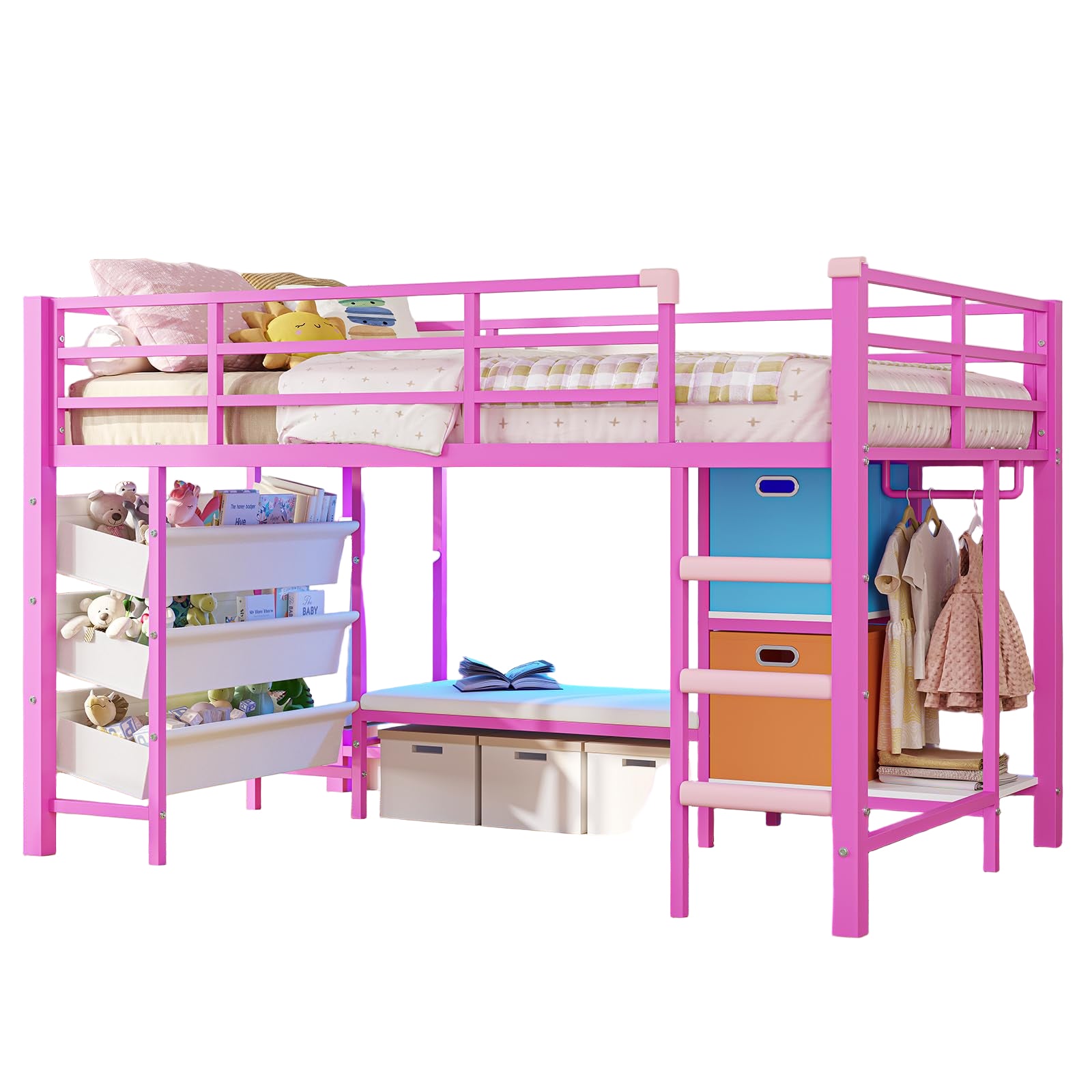 Low Twin Size Loft Bed with Reading Corner and Bookshelf