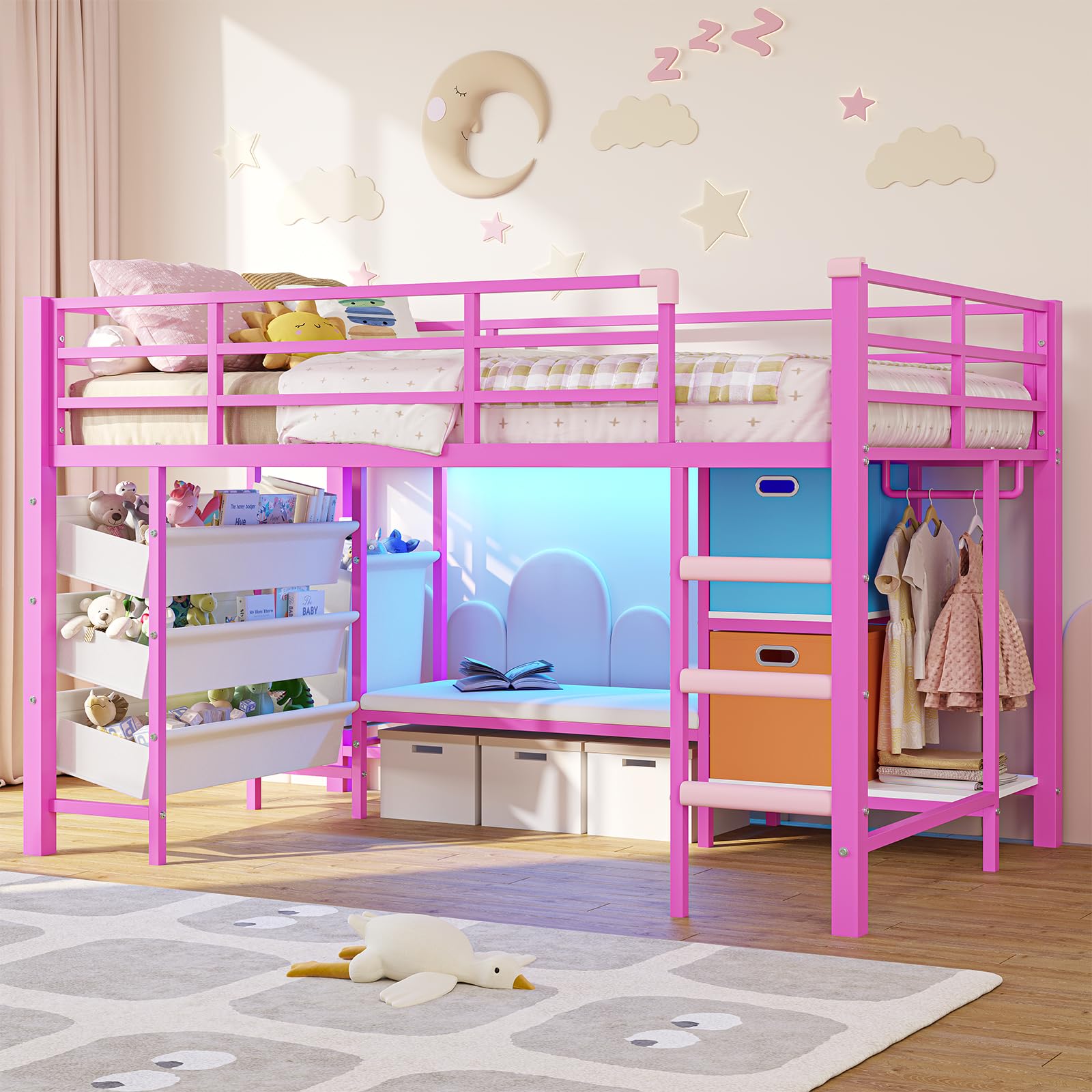 Low Twin Loft Bed with Reading Corner LED Lights Storage Pink