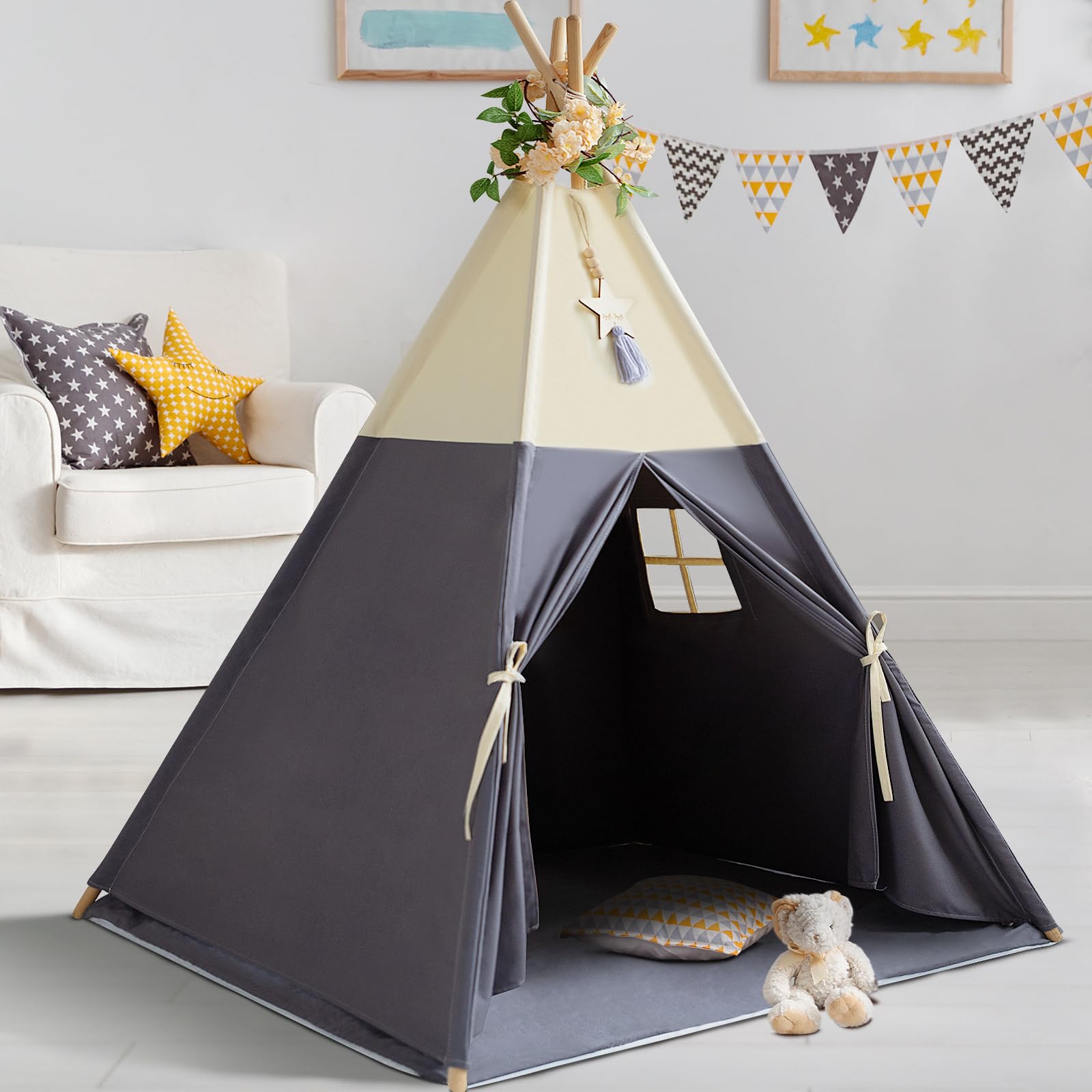 Teepee Tent for Kids, 100% Cotton Play Tent with Mat, Kids Teepee Tent