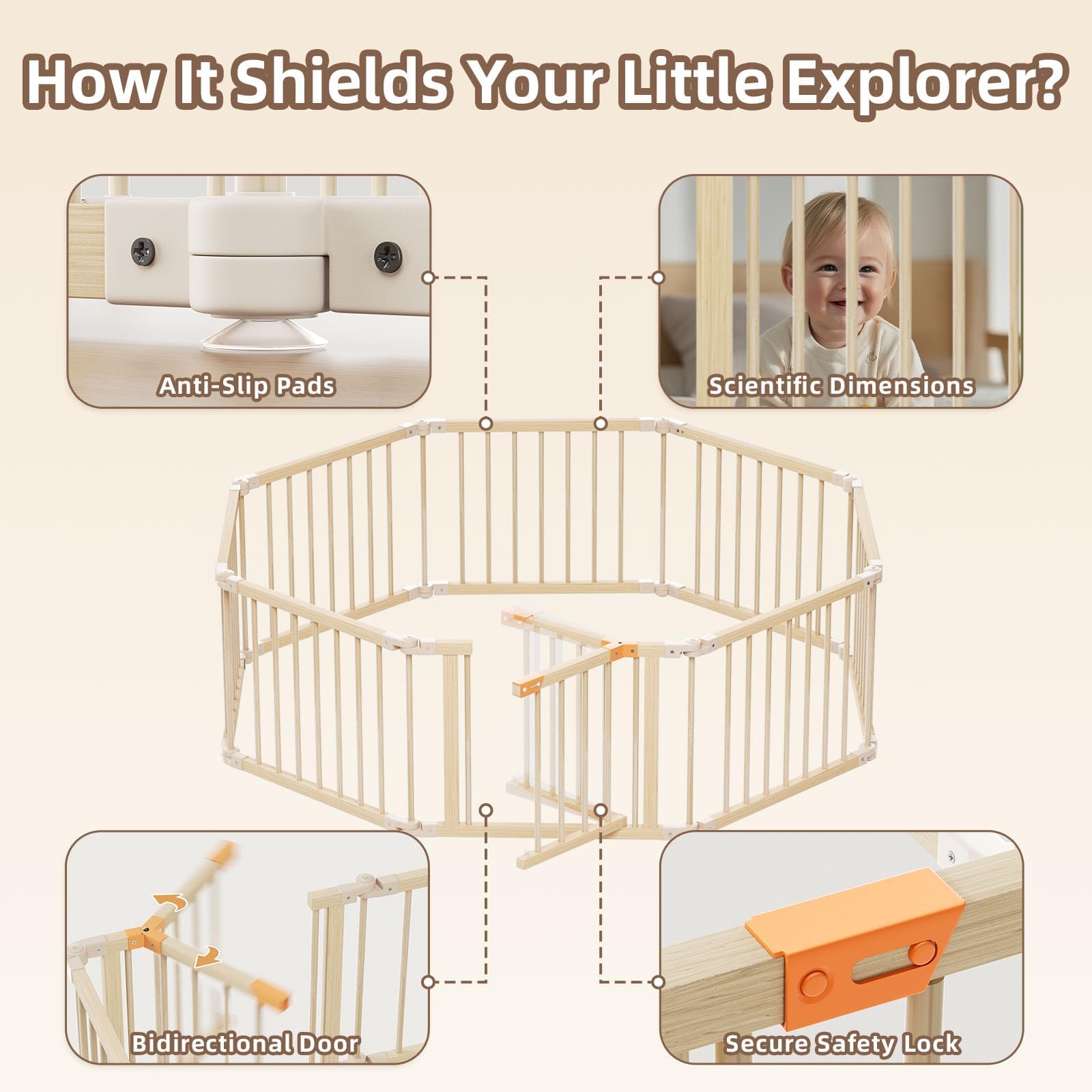 Wooden Baby Playpen with Gate 8 Panels