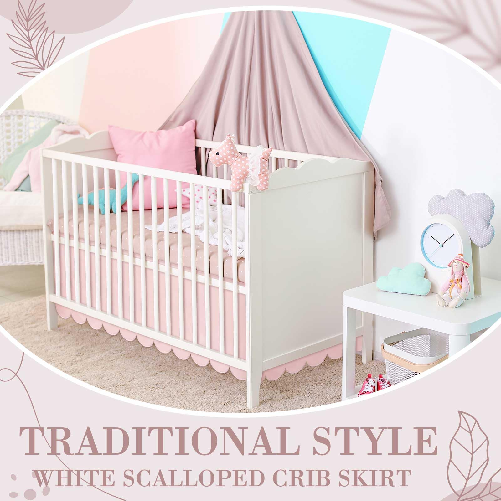Hahafelt Scalloped Crib Skirt 28"x 52" with Drop Pleated Dust Ruffle with Split Corners for Baby Boys Girls Soft 4-Sided Crib Bed Skirt Nursery Standard Toddler Bedding (14" Drop,Pink)