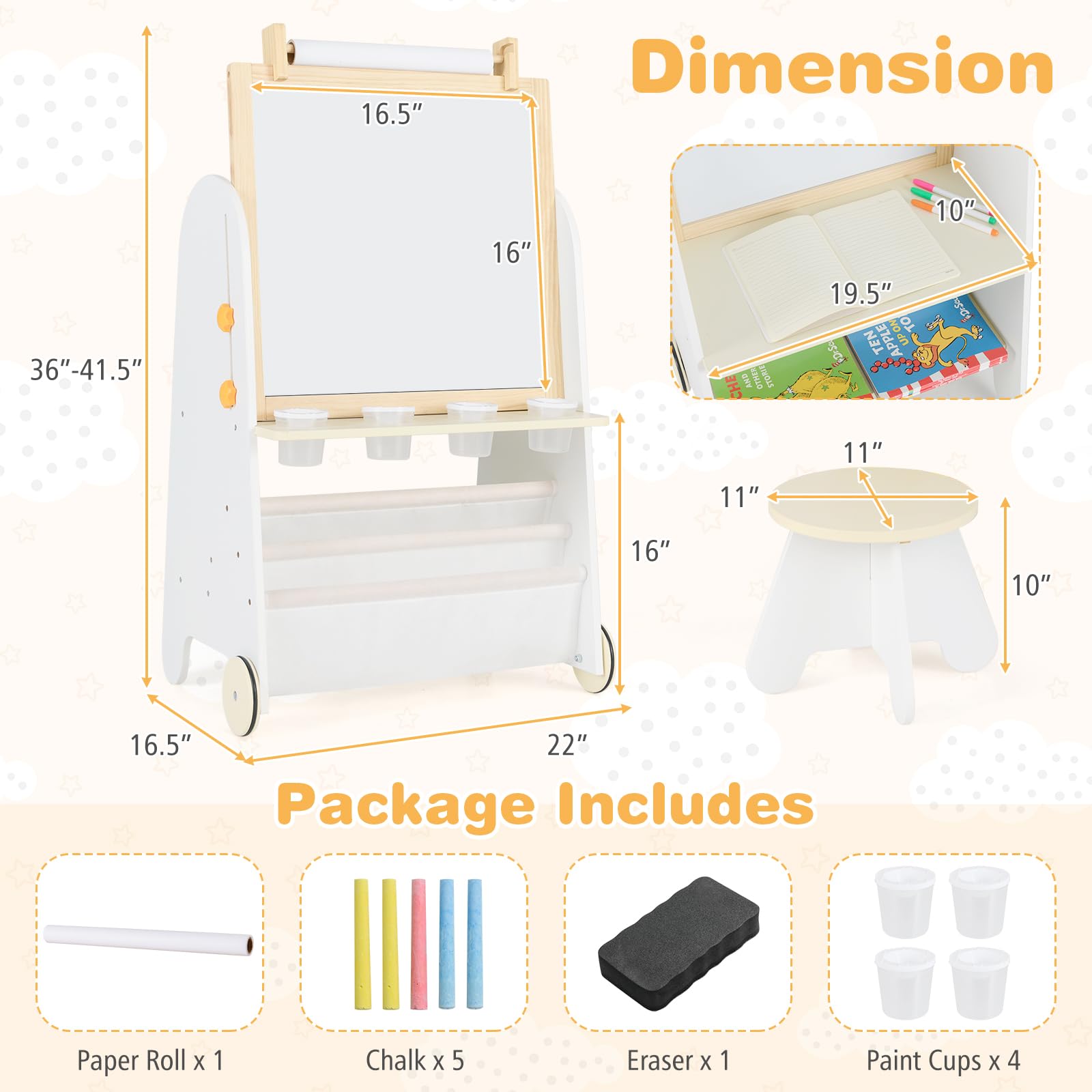 Costzon Easel for Kids, 4 in 1 Toddler Activity Table & Stool Set with Magnetic Whiteboard, Chalk Board, Paper Roll, Art Supplies, Large Desktop and Bookshelves, Kids Art Easel for Boys Girls (Beige)
